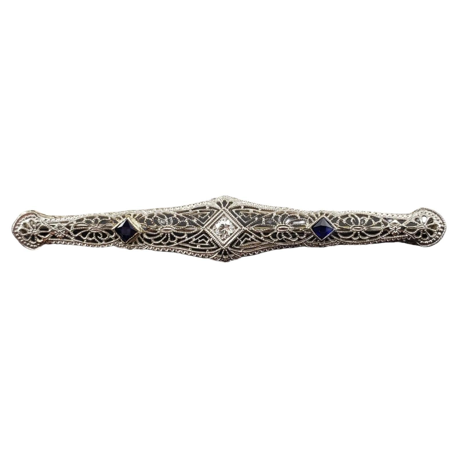 14K White Gold Filigree Simulated Sapphire & Diamond Brooch/Pin #17099 For Sale