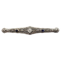 14K White Gold Filigree Simulated Sapphire & Diamond Brooch/Pin #17099