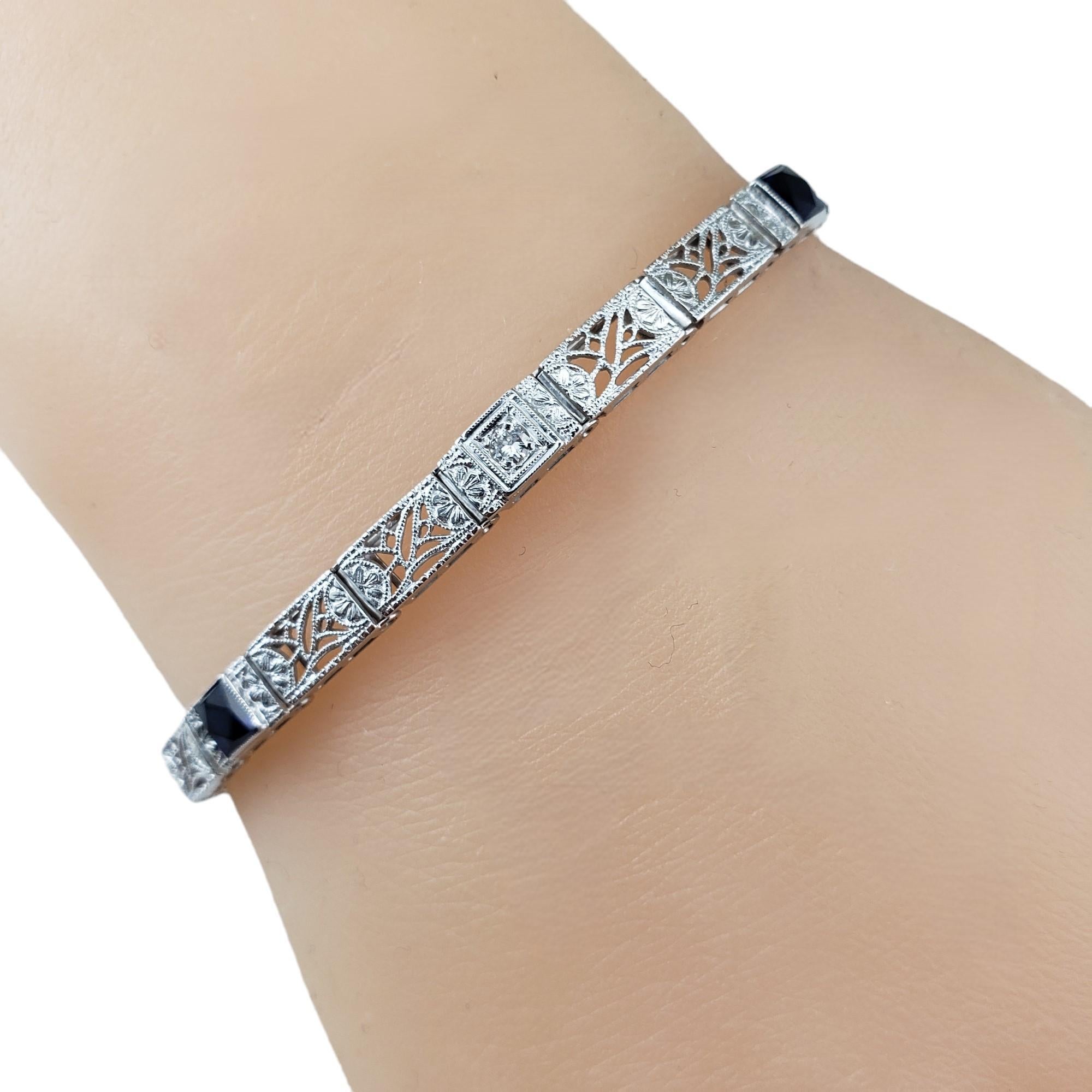 14K White Gold Filigree Synthetic Sapphire and Diamond Bracelet #17150 For Sale 3