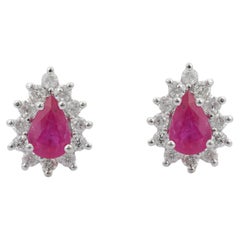 14K White Gold Fine Pear Cut 1.02 ct Ruby Stud Earrings with Halo of Diamonds