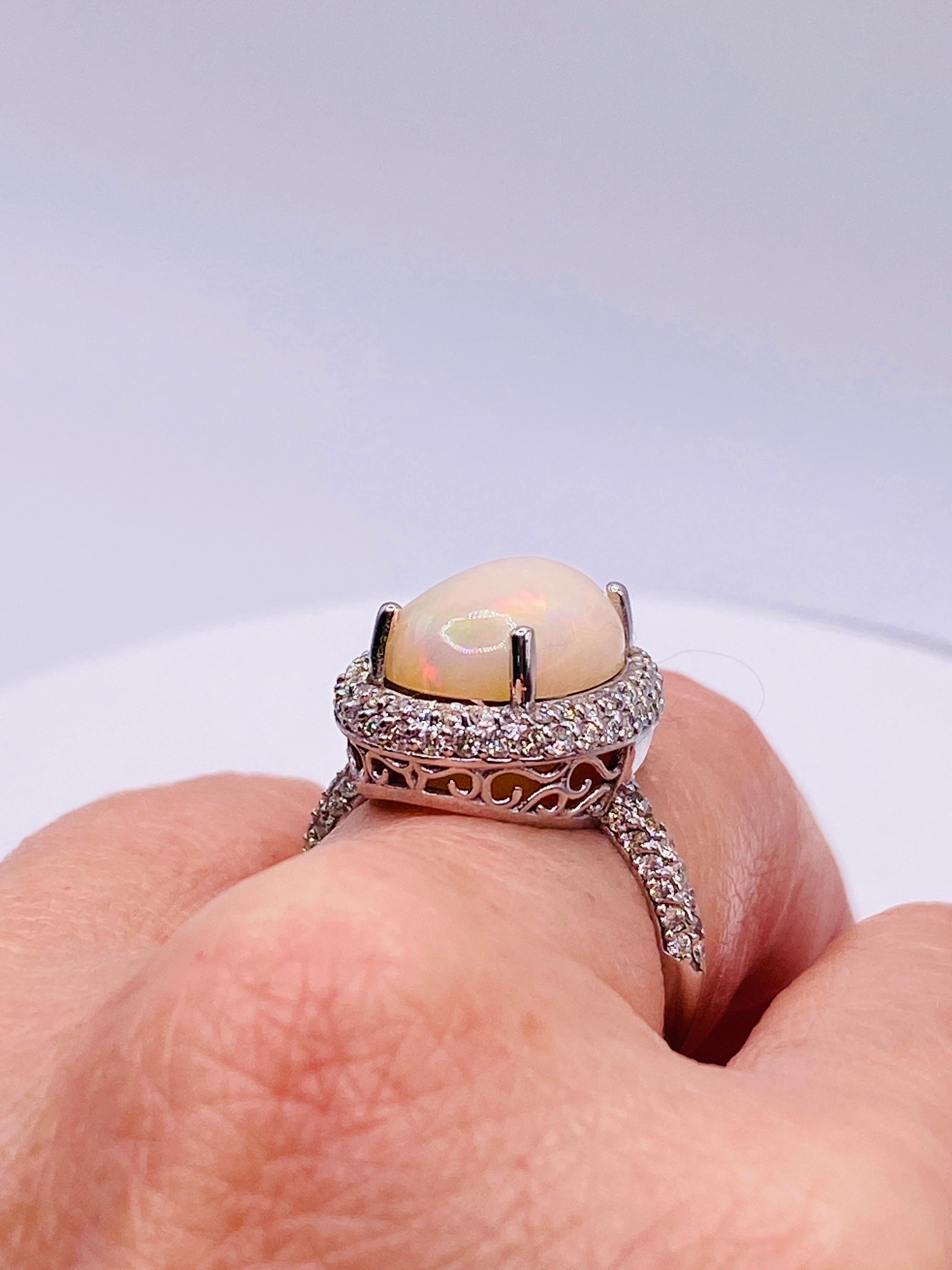 Cabochon 3.8 Carat Fire Opal and Diamond White Gold Ring