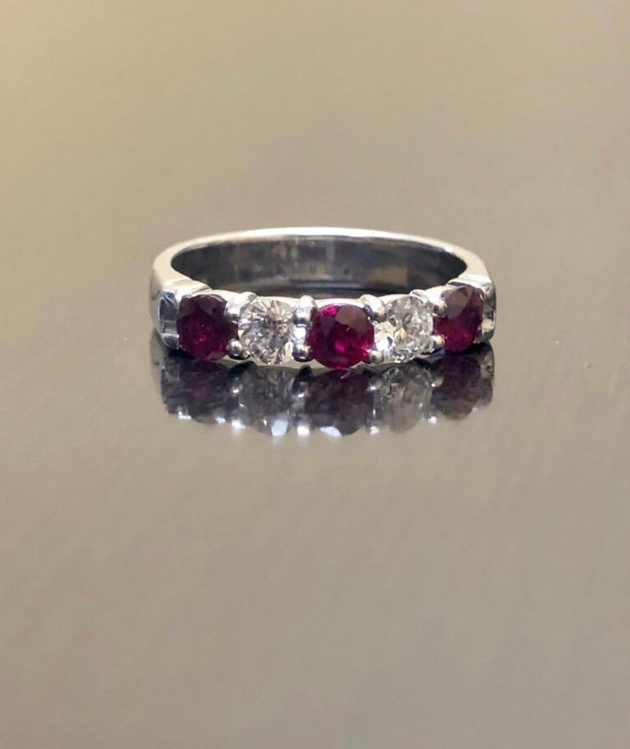 Modern 14K White Gold Five Stone Diamond Ruby Engagement Band For Sale