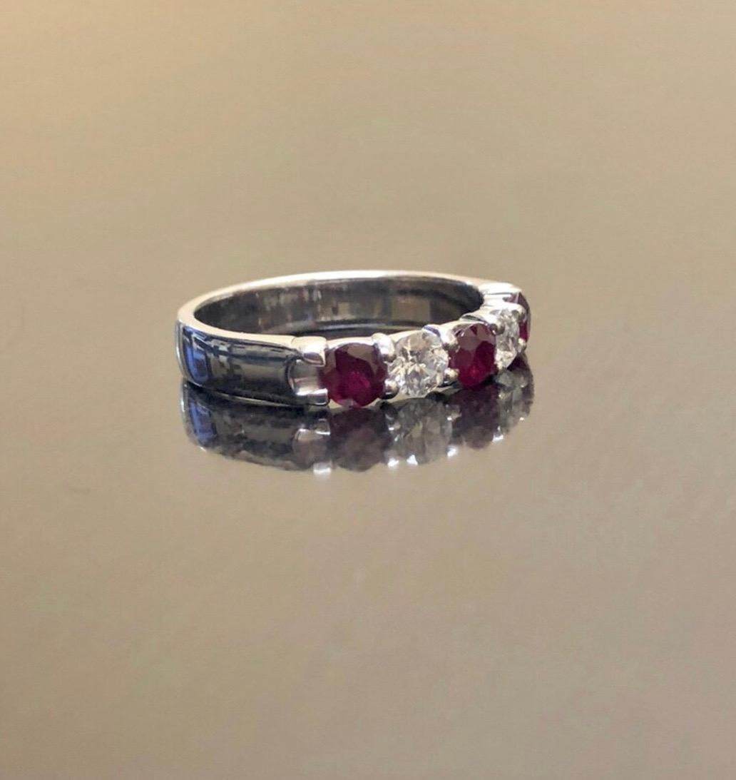 Round Cut 14K White Gold Five Stone Diamond Ruby Engagement Band For Sale