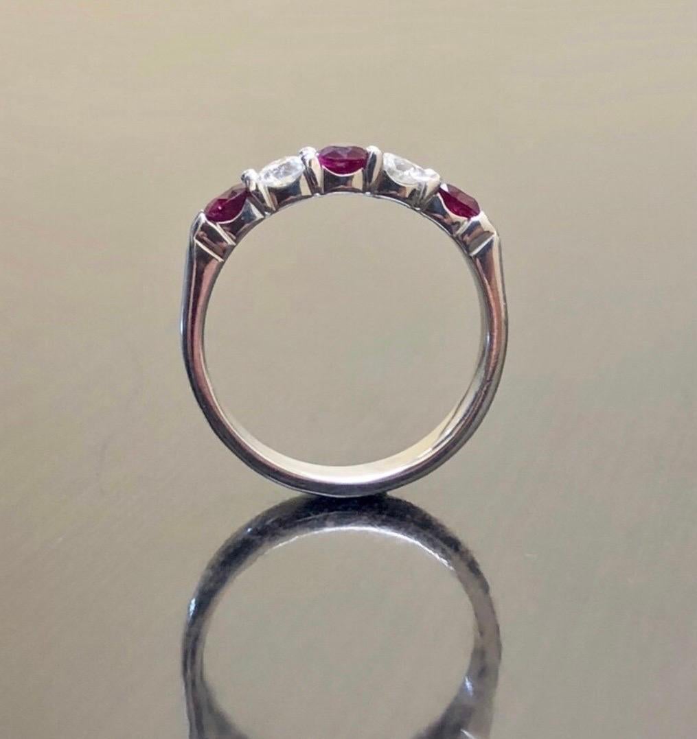 14K White Gold Five Stone Diamond Ruby Engagement Band In New Condition For Sale In Los Angeles, CA