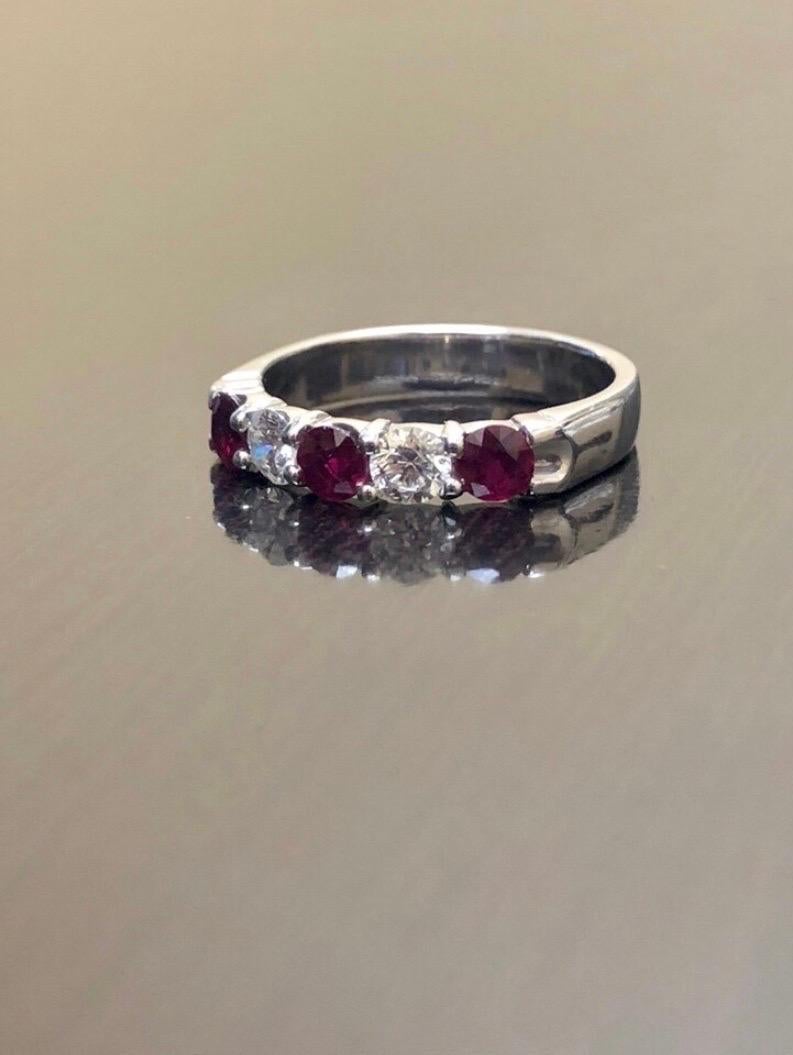 14K White Gold Five Stone Diamond Ruby Engagement Band For Sale 1