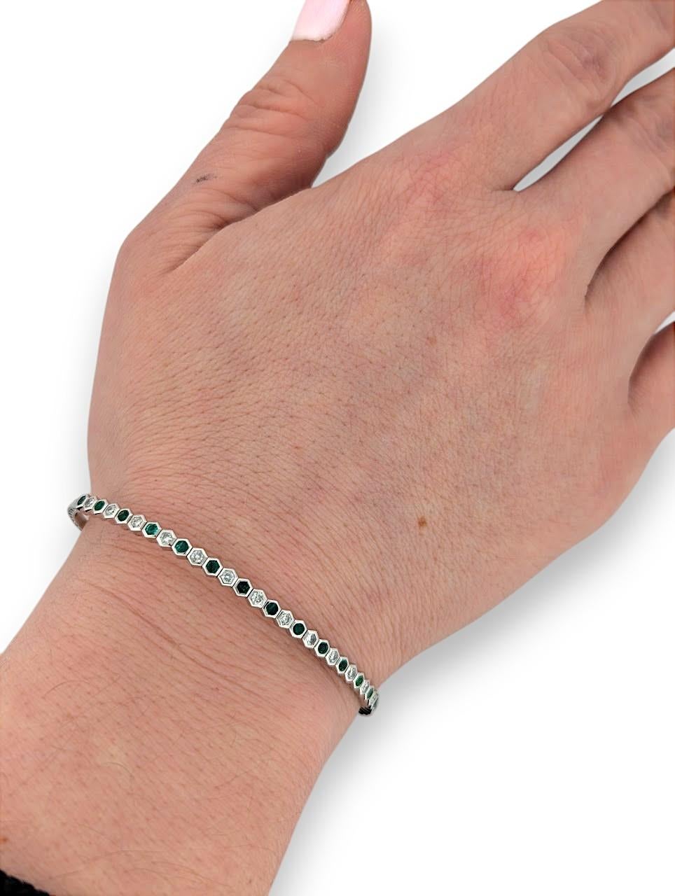 Artisan Ocean  14K White Gold Flex Bracelet  .50 CT Natural Round Emeralds For Sale
