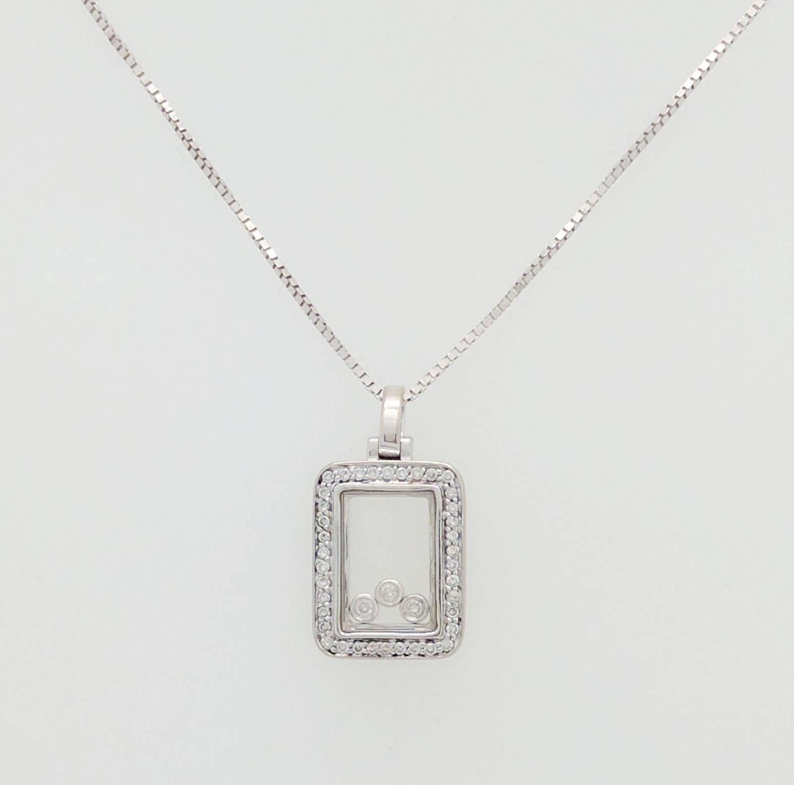 Women's or Men's 14 Karat White Gold Floating Diamond Rectangle Pendant Necklace For Sale