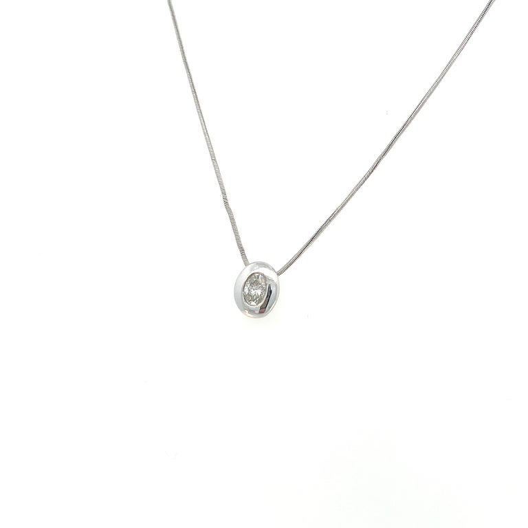14K White Gold Floating Oval Diamond Bezel Set Necklace For Sale at 1stDibs