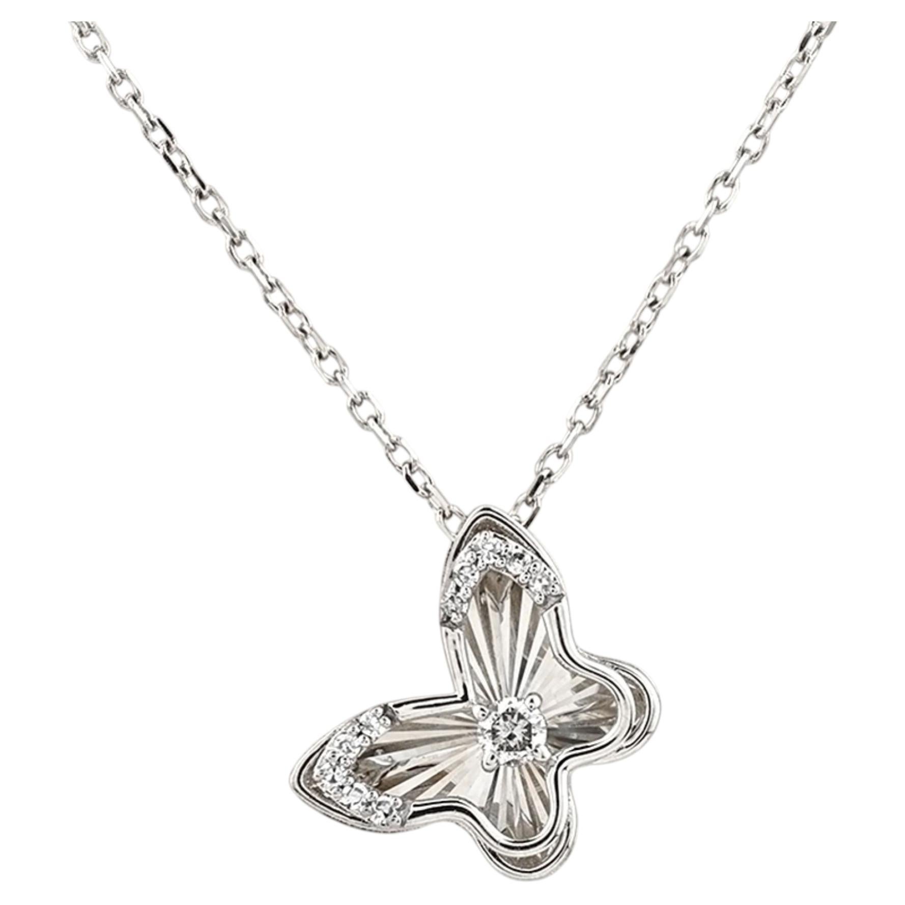 14K White Gold Floral 0.06Cts Diamond Pendant Necklace