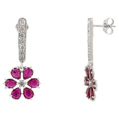 14K White Gold Floral 2.56Ct Natural Ruby 
Diamond Dangle Drop Earrings for Her