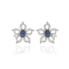 14K White Gold Flower Stud Earrings Studded with Diamond and Sapphire