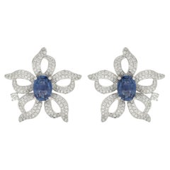 14K White Gold Floral Blue Sapphire Stud Earrings Studded with Diamonds