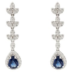 14k White Gold Floral Cluster Drop Earrings with Pear Blue Sapphire and Diamond