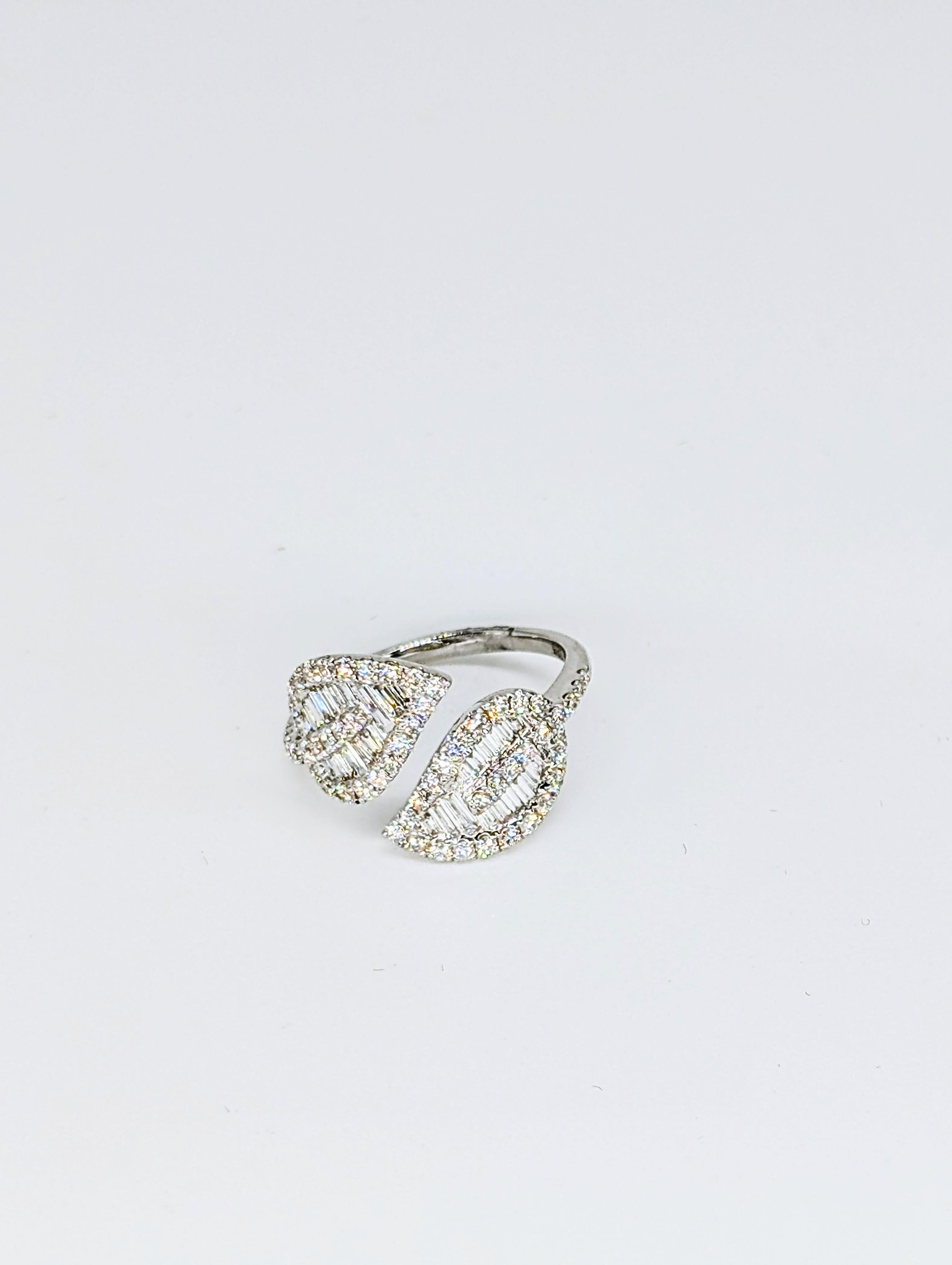 Baguette Cut 14k White Gold Floral Leaf Bypass Ring with Baguette and Round Diamonds For Sale