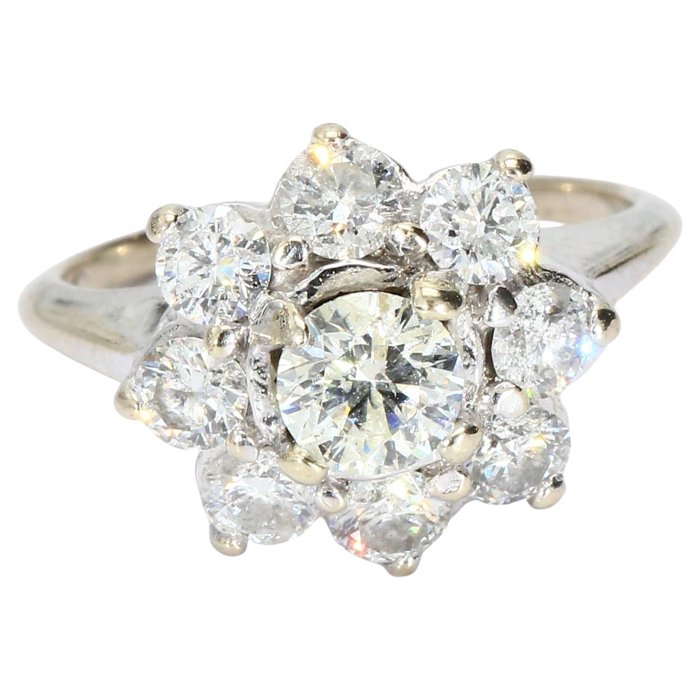14k White Gold Floral Ring with Yellow 
White Diamonds For Sale
