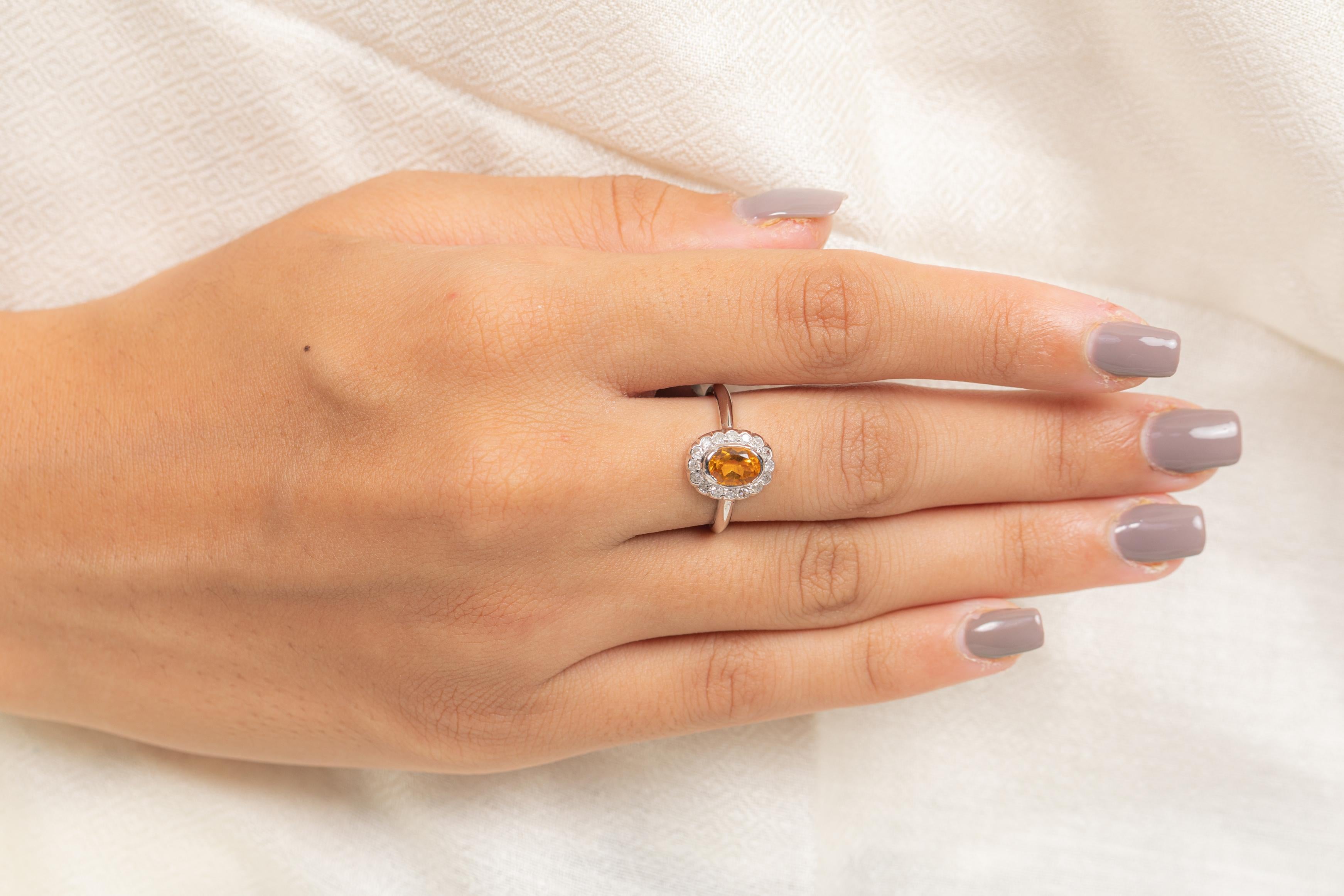 For Sale:  14K White Gold Flower Citrine Halo Diamond Ring 4