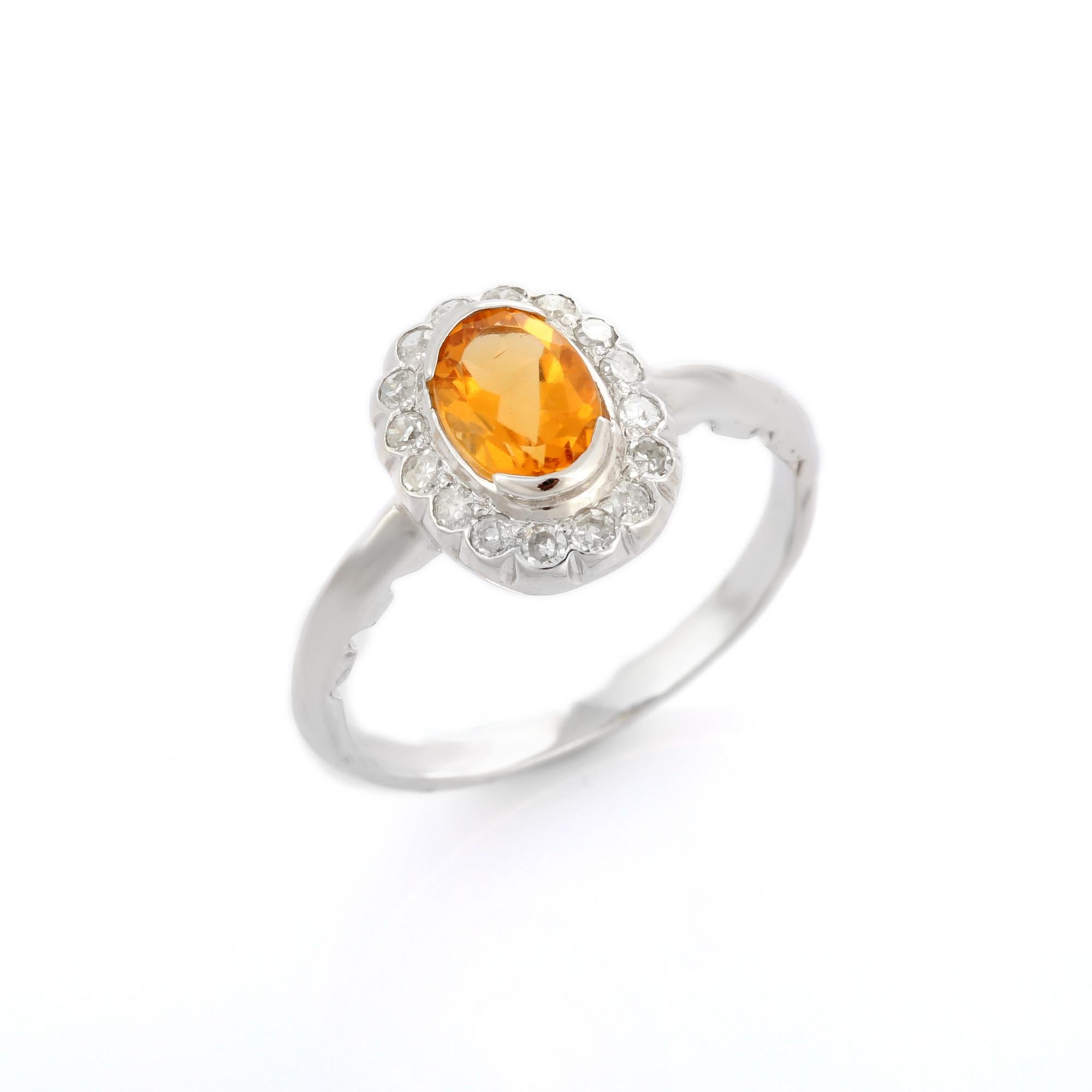 For Sale:  14K White Gold Flower Citrine Halo Diamond Ring 6