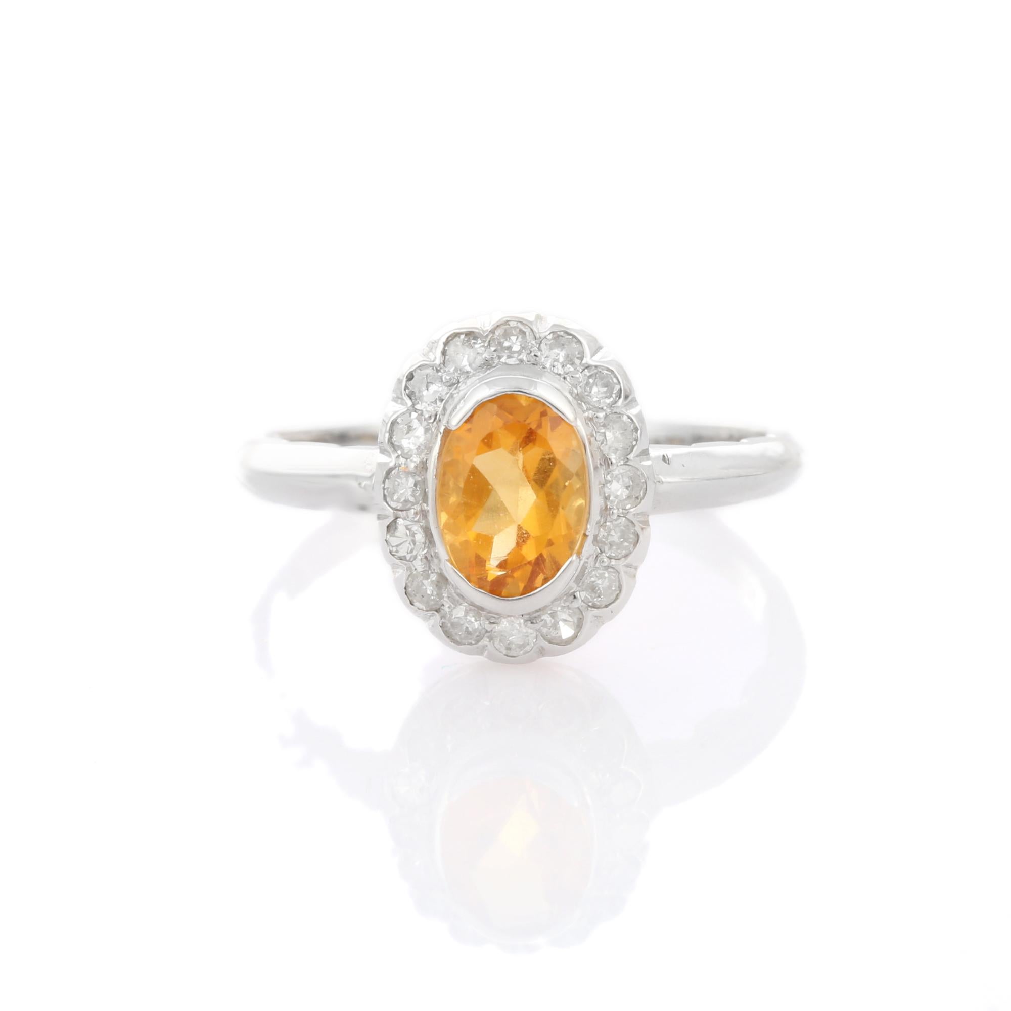 For Sale:  14K White Gold Flower Citrine Halo Diamond Ring 8