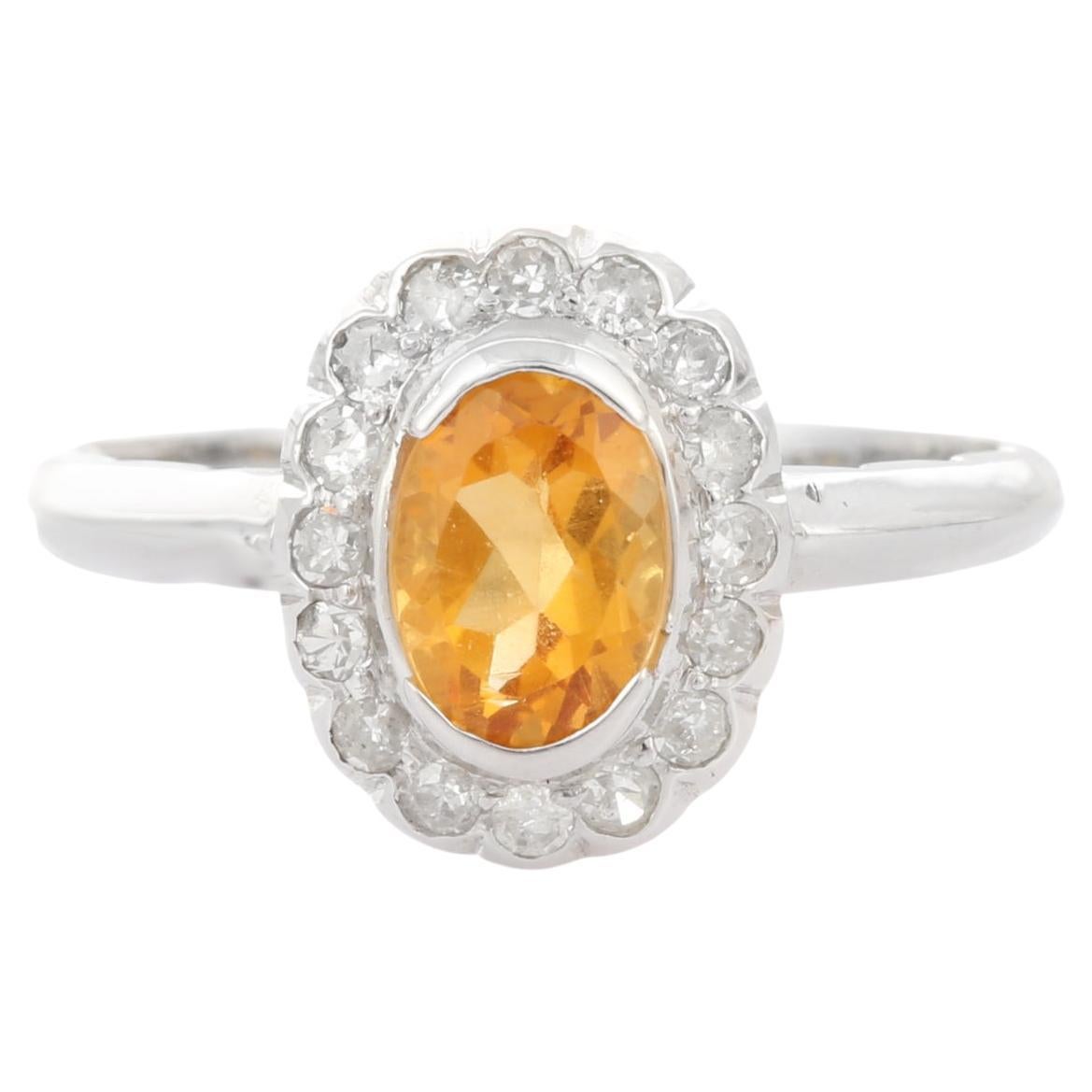 For Sale:  14K White Gold Flower Citrine Halo Diamond Ring