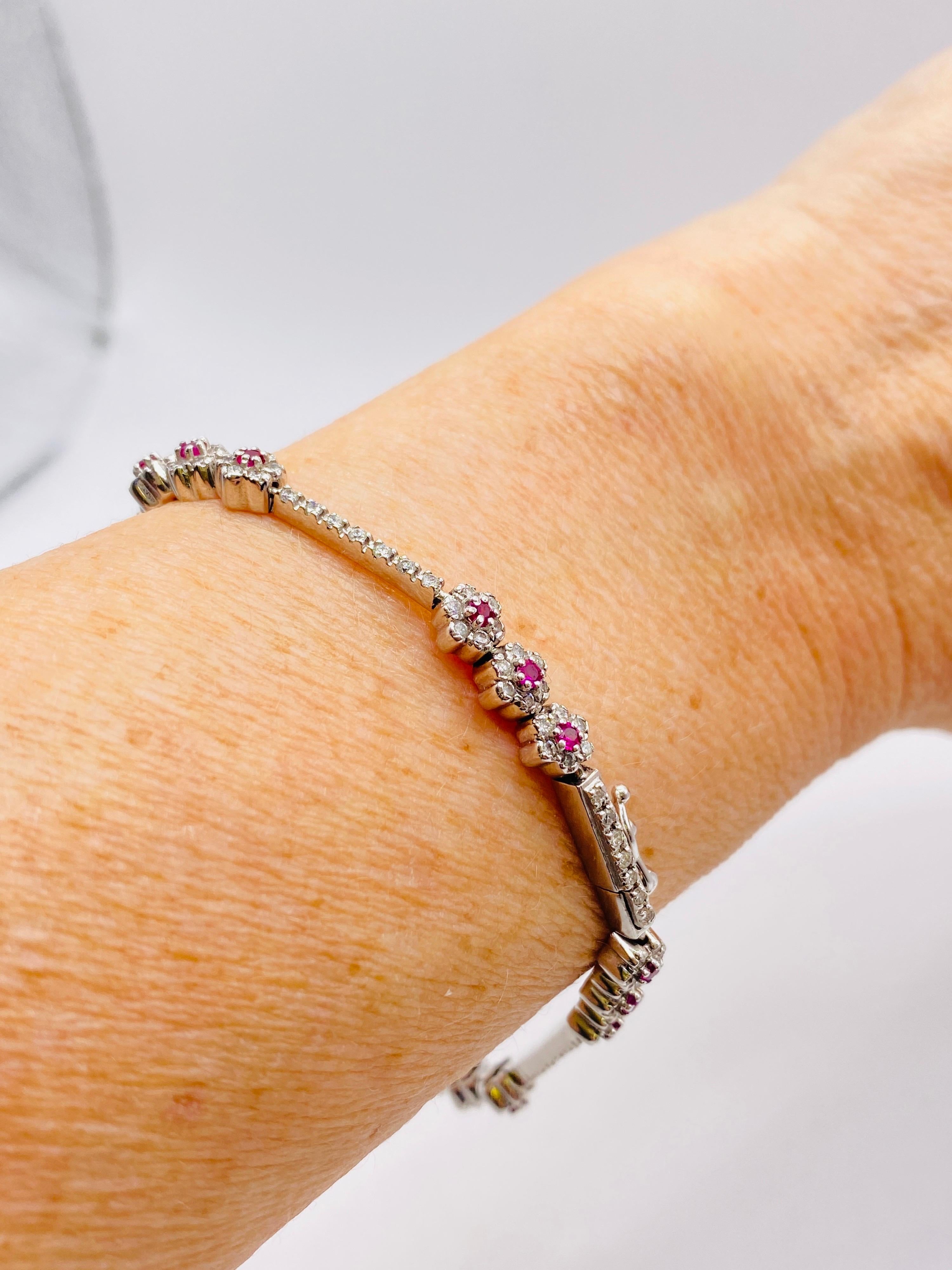 Brilliant Cut Ruby and Diamond White Gold Flower Line Bracelet