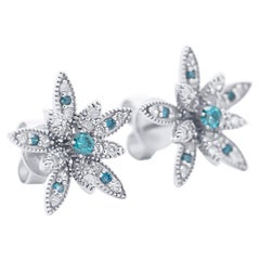 14K White Gold Flower Motif Blue and White Diamond Stud Earrings