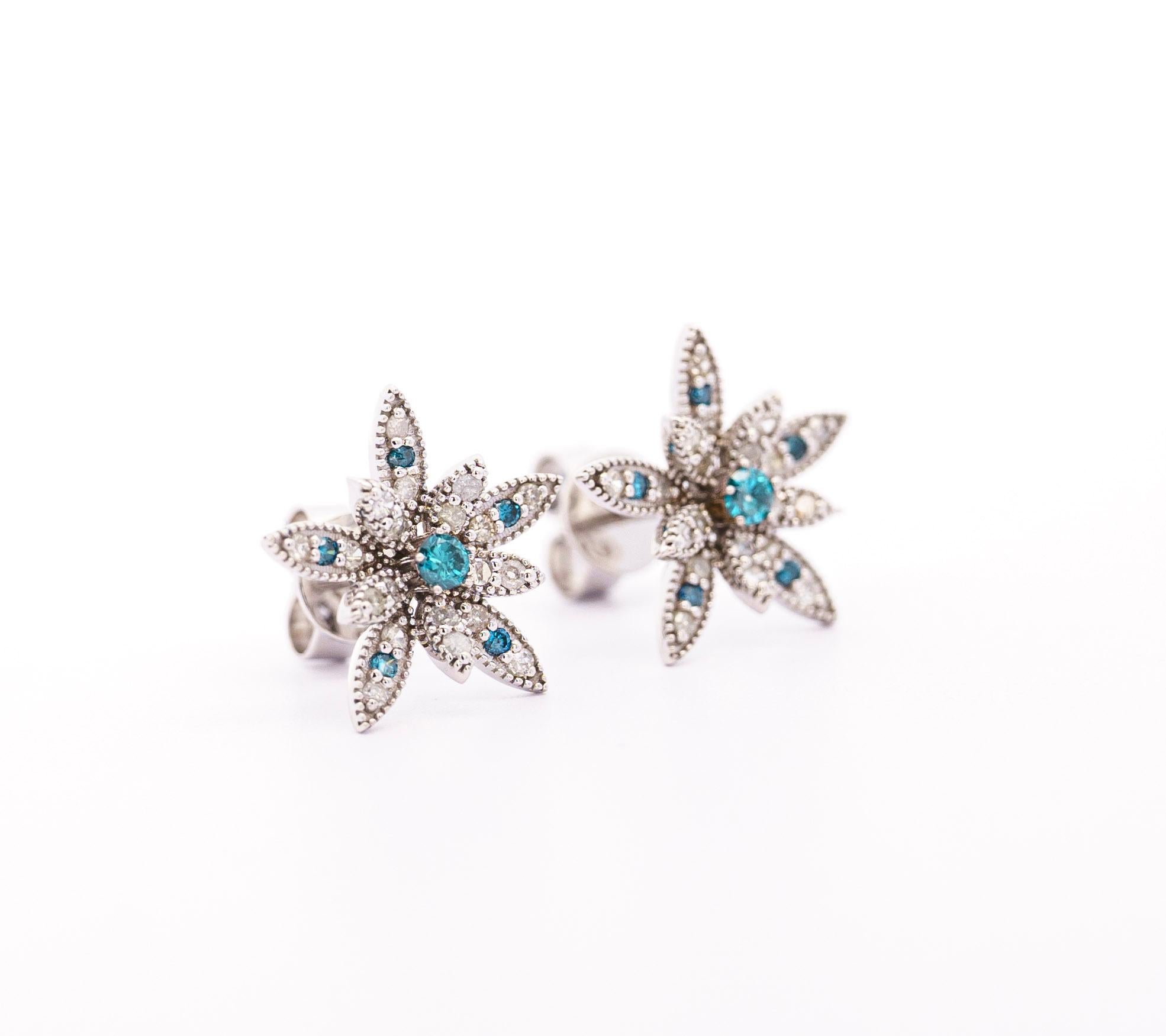 14K White Gold Flower Motif Blue and White Diamond Stud Earrings For Sale 3