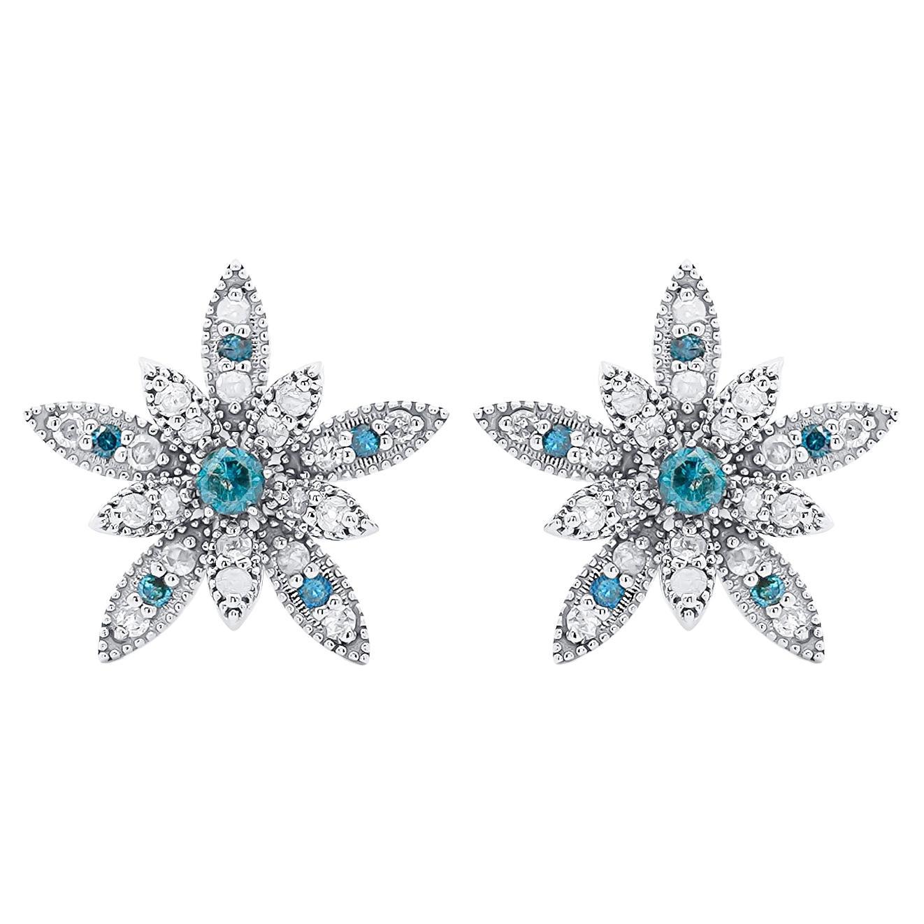 14K White Gold Flower Motif Blue and White Diamond Stud Earrings For Sale