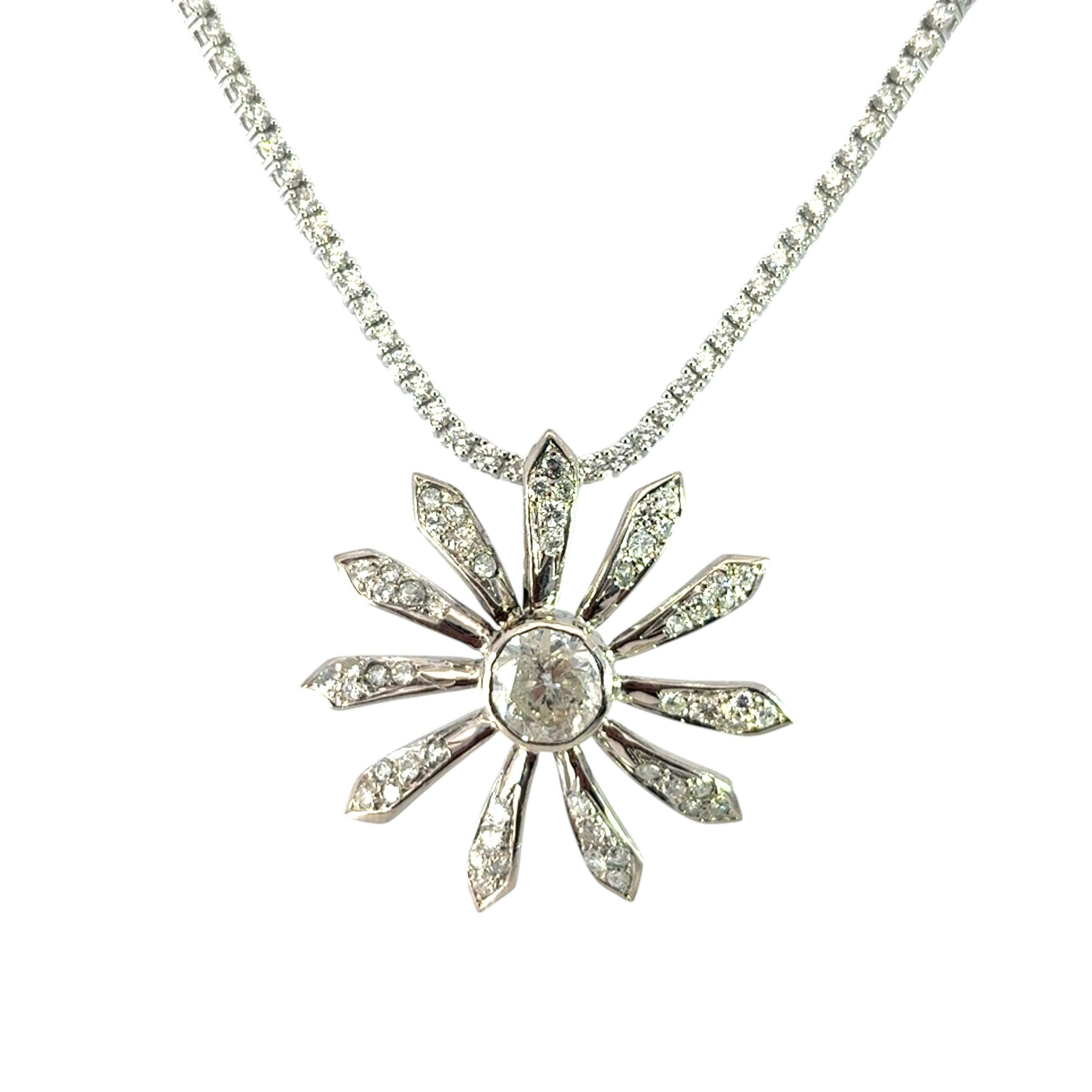 Modern 14k White Gold Flower Pendant on Natural Round Brilliant Diamond Tennis Necklace For Sale