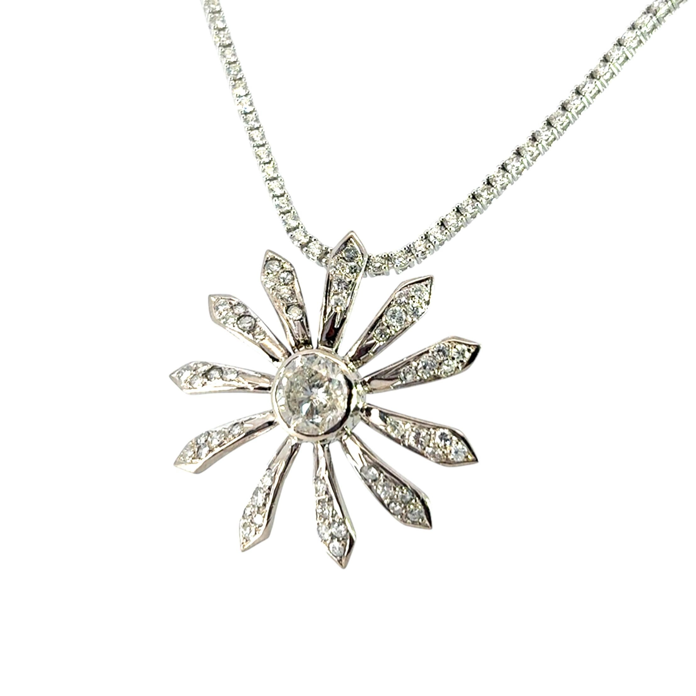 Round Cut 14k White Gold Flower Pendant on Natural Round Brilliant Diamond Tennis Necklace For Sale