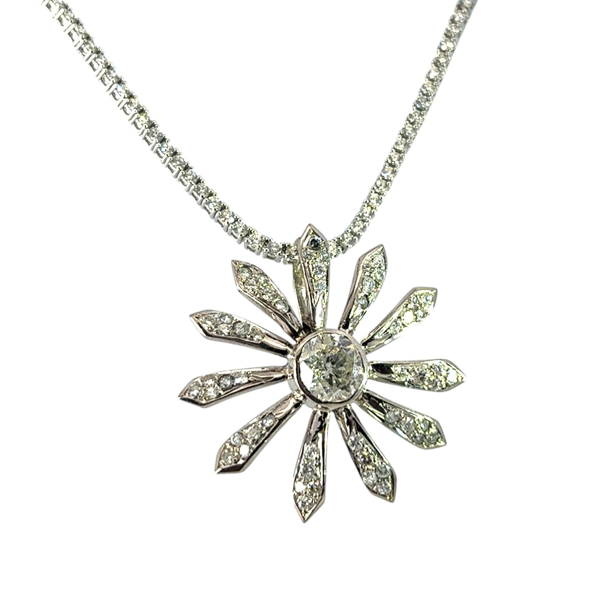 14k White Gold Flower Pendant on Natural Round Brilliant Diamond Tennis Necklace In New Condition For Sale In Boca Raton, FL