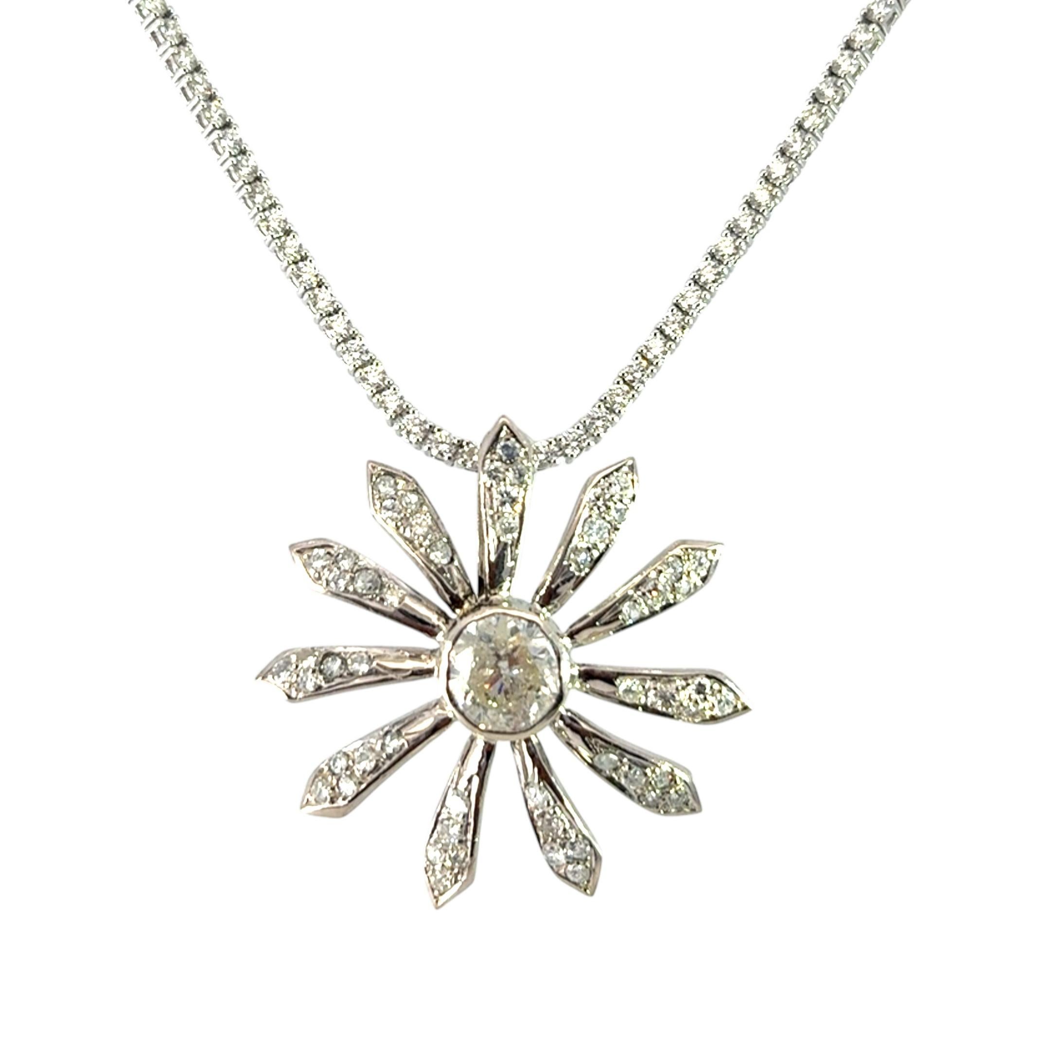 Women's 14k White Gold Flower Pendant on Natural Round Brilliant Diamond Tennis Necklace For Sale