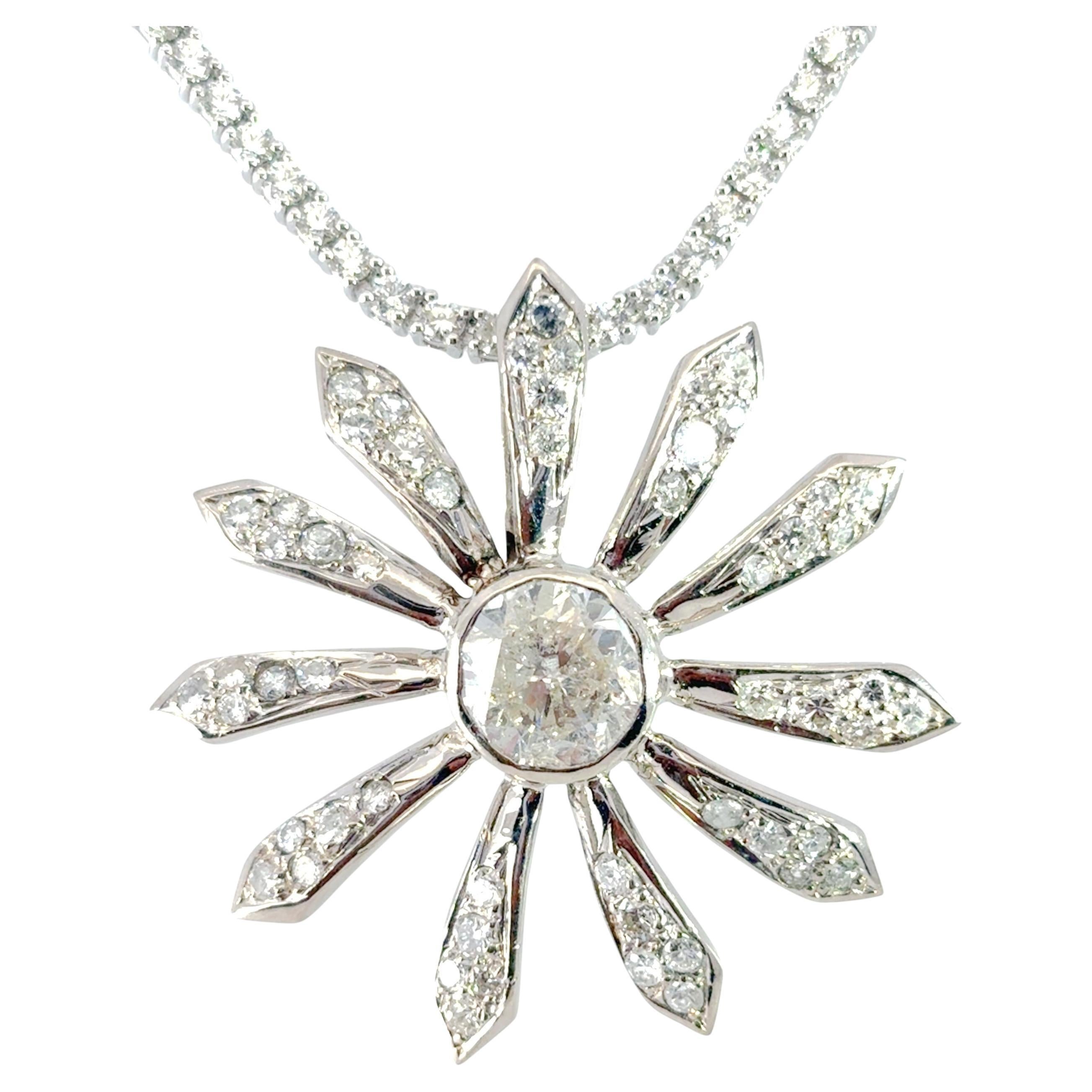 14k White Gold Flower Pendant on Natural Round Brilliant Diamond Tennis Necklace