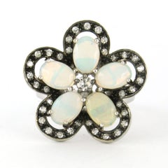 14k White Gold Flower Ring with Opal and Diamonds, Size 6.75
