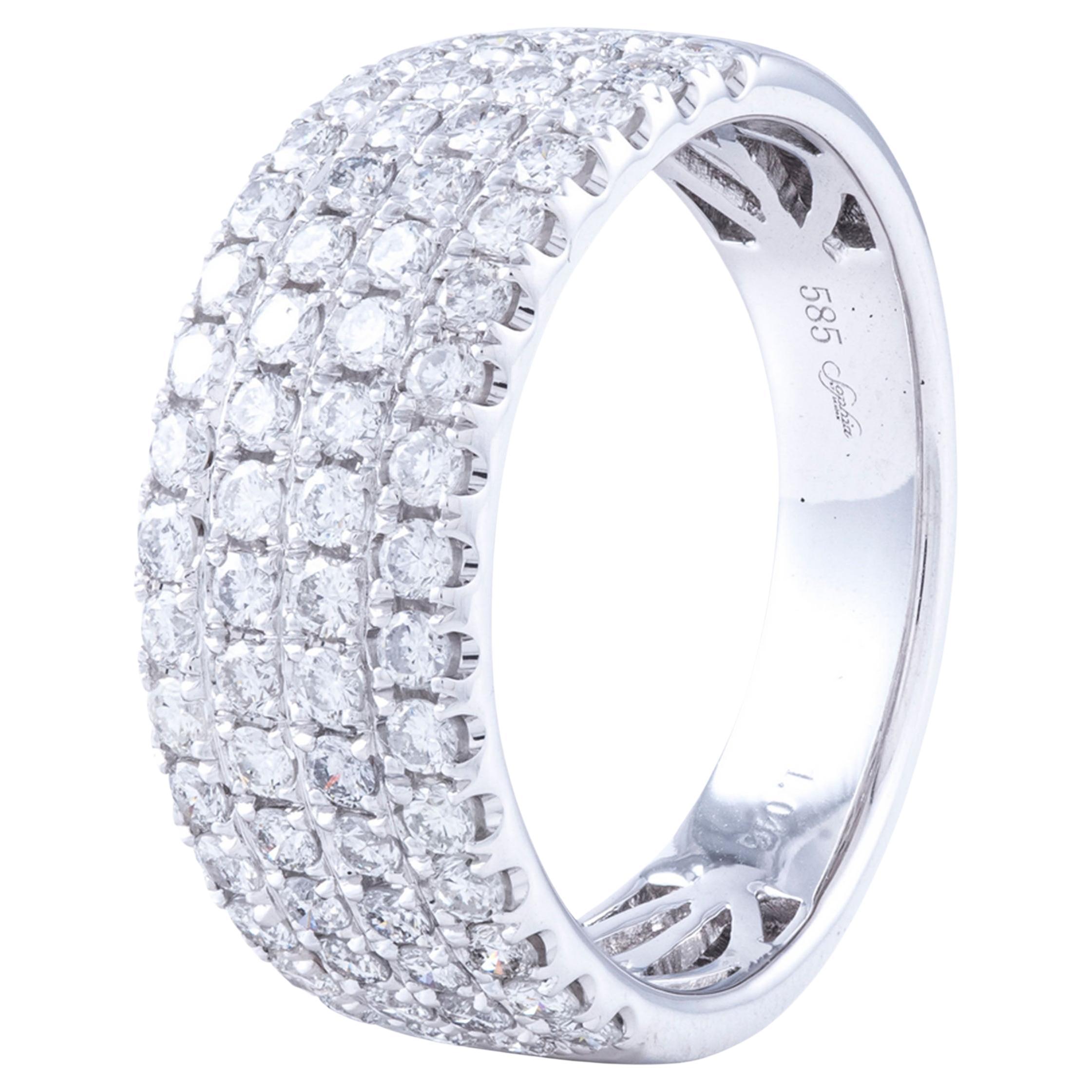 14K White Gold Four Row Diamond Ring For Sale