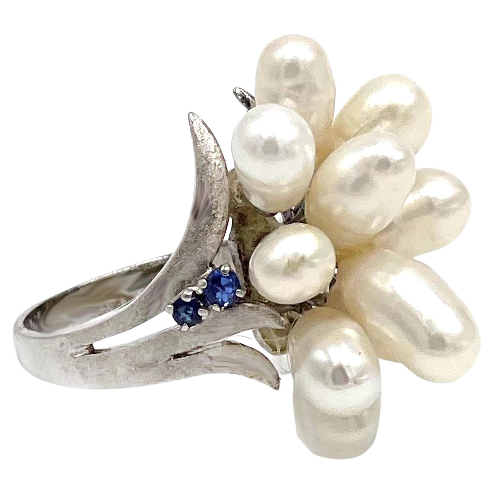 14K White Gold Fresh Water Pearl and Blue Sapphire Cocktail Ring For Sale