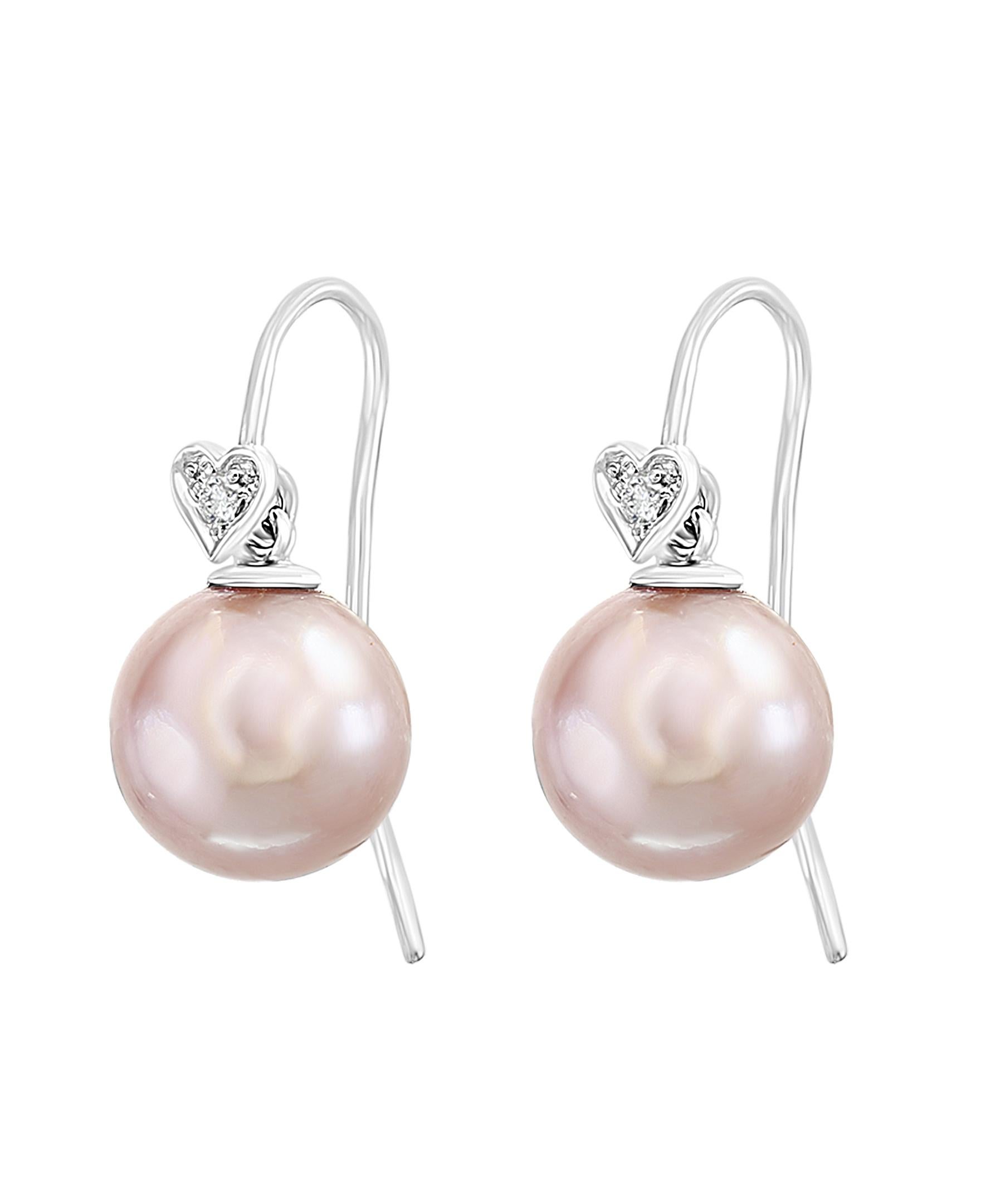 Contemporary 14 Karat White Gold Freshwater Natural Color Pink Pearl and Diamond Earrings For Sale