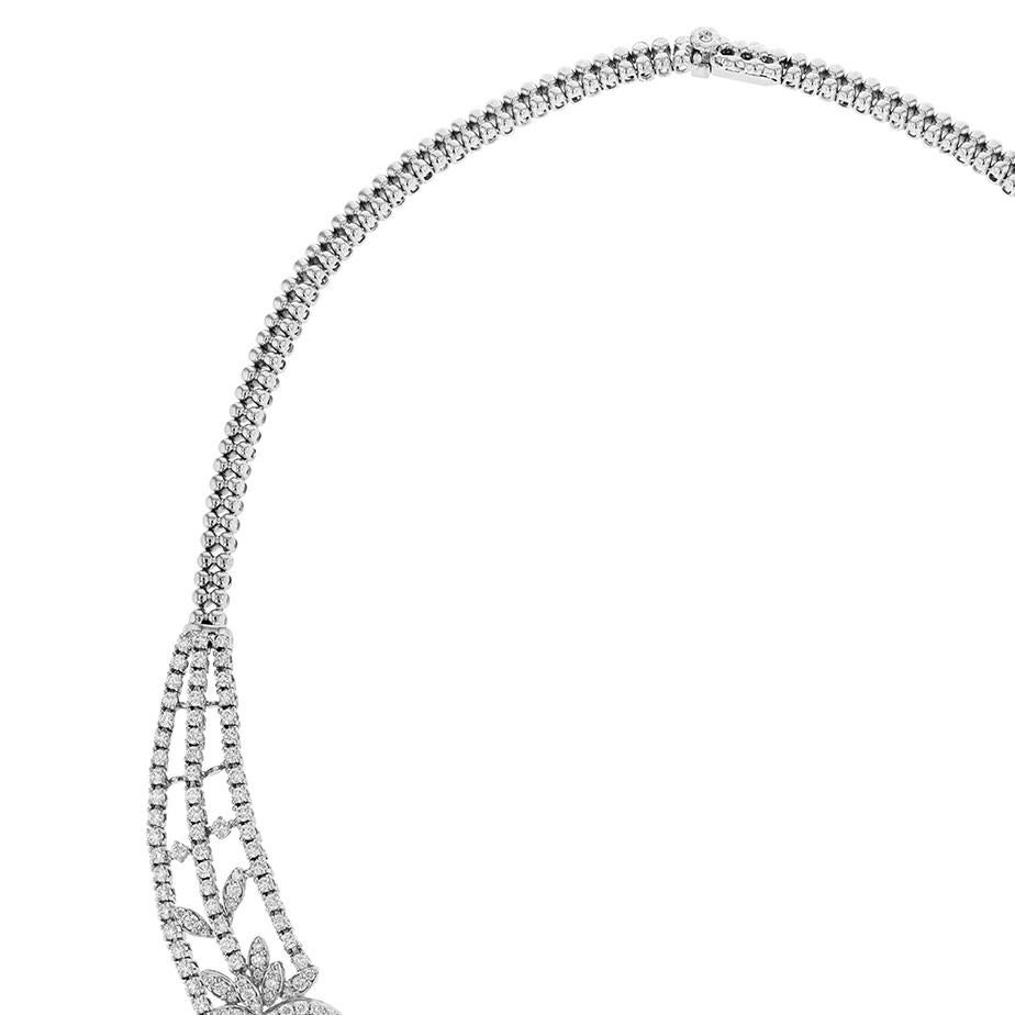 Art Deco 14K White Gold Fringe Bib Diamond Collar Necklace, 16.09ct. For Sale
