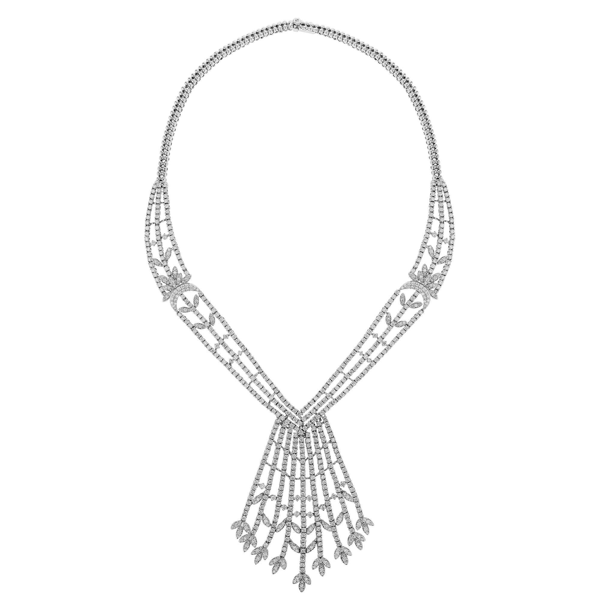 Round Cut 14K White Gold Fringe Bib Diamond Collar Necklace, 16.09ct. For Sale