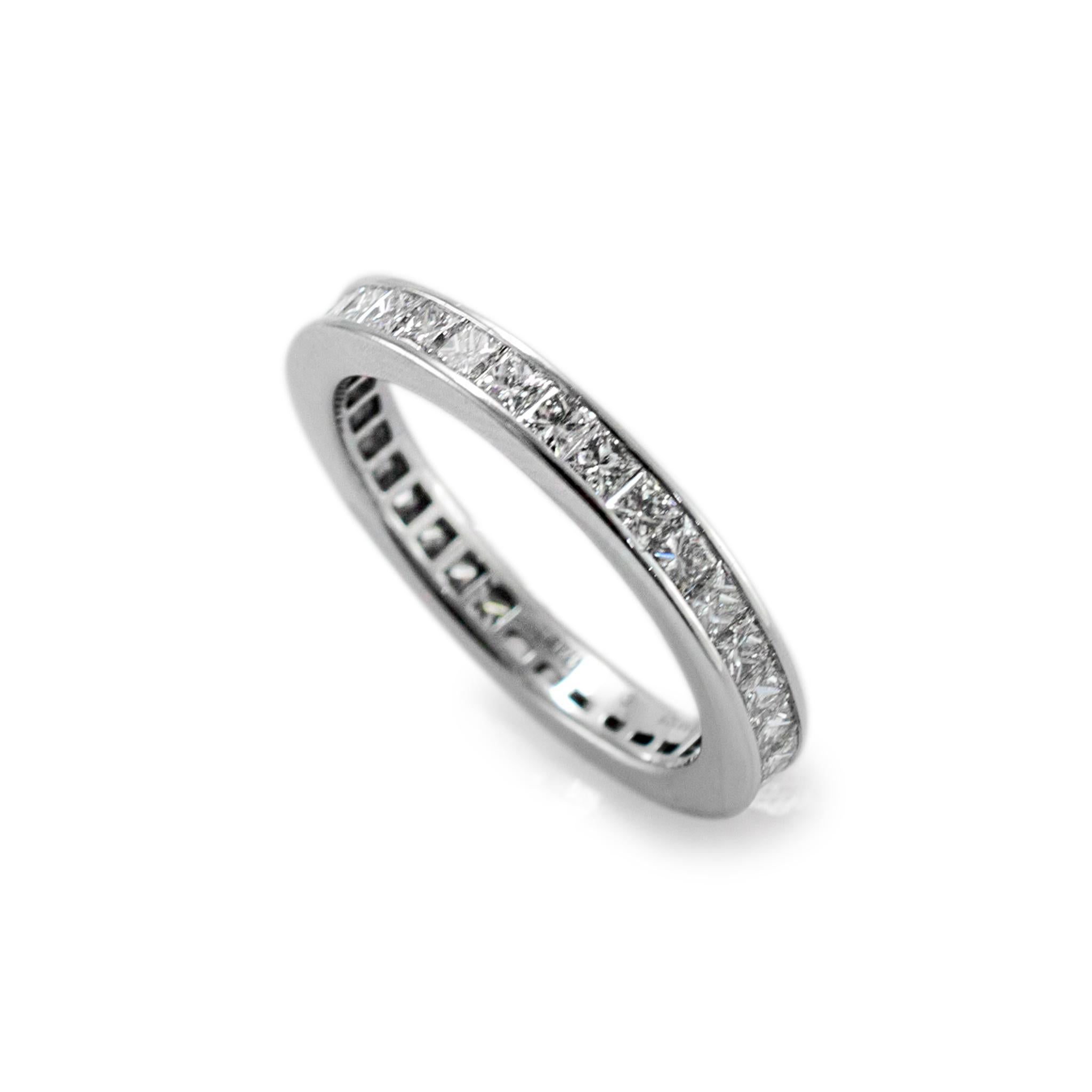 Gender: Ladies

Metal Type: 14K White Gold

Ring Size: 5

Width: 2.80 mm

Weight: 2.90 grams

One ladies 14K white gold diamond wedding eternity band with a soft-square shank. The metal was tested and determined to be 14K white gold. Engraved with