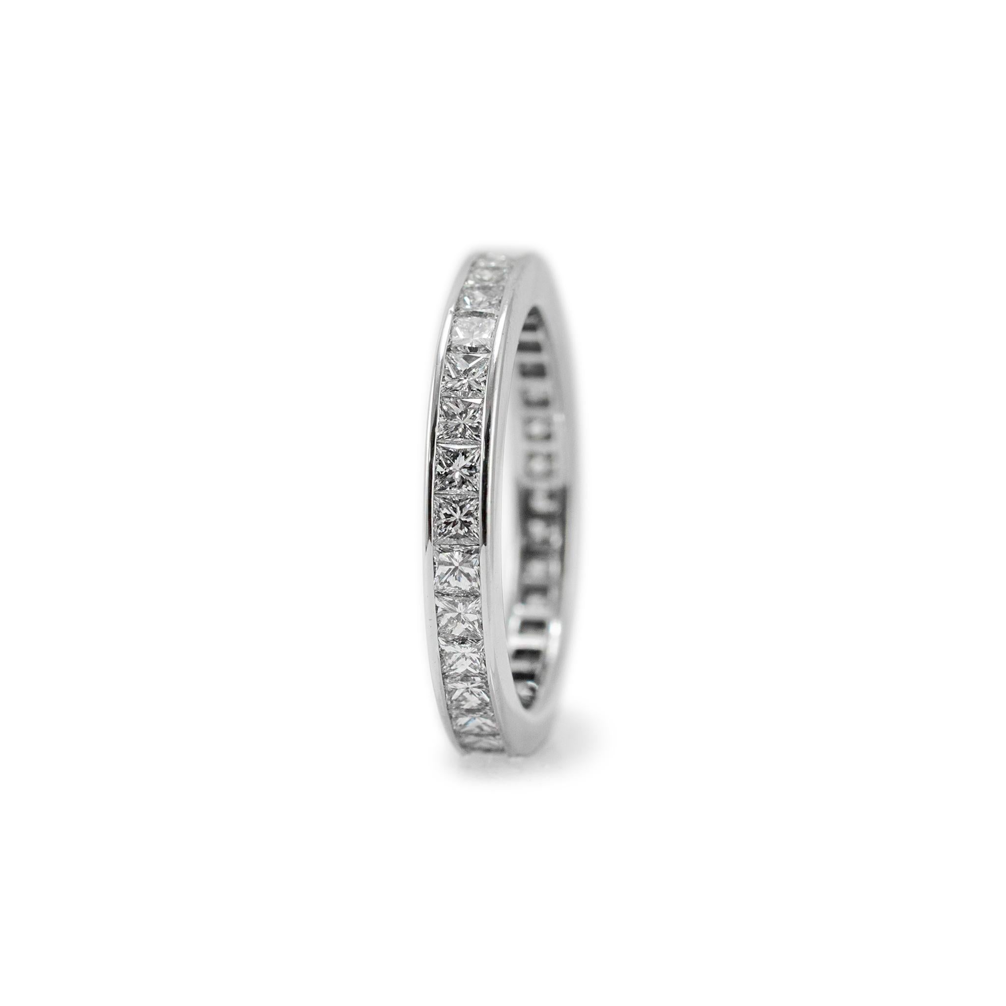 14K White Gold Full Eternity Channel Set Princess Cut Diamond Wedding Band In Excellent Condition For Sale In Houston, TX