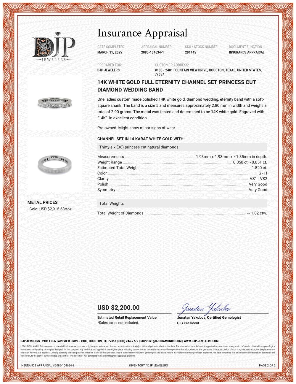 14K White Gold Full Eternity Channel Set Princess Cut Diamond Wedding Band For Sale 3