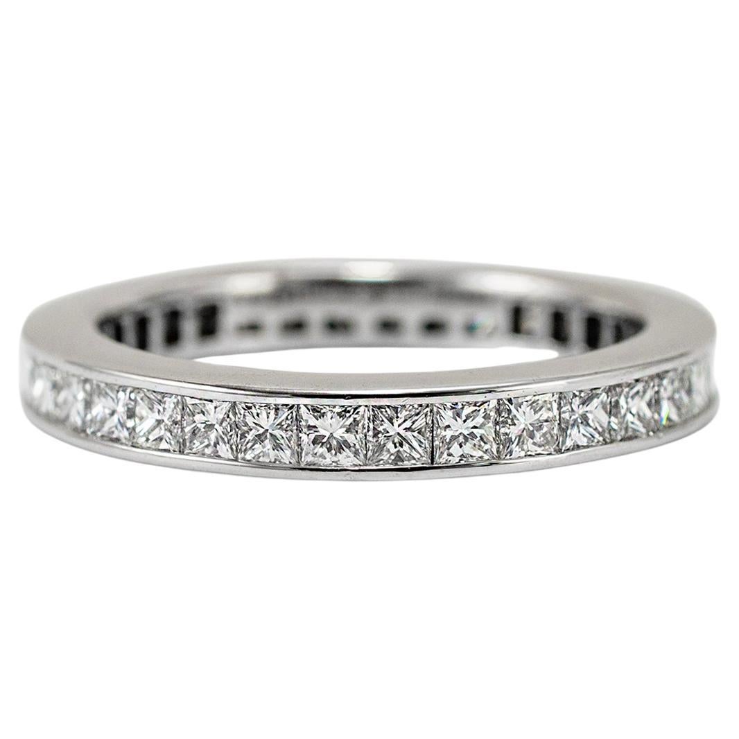 14K White Gold Full Eternity Channel Set Princess Cut Diamond Wedding Band For Sale