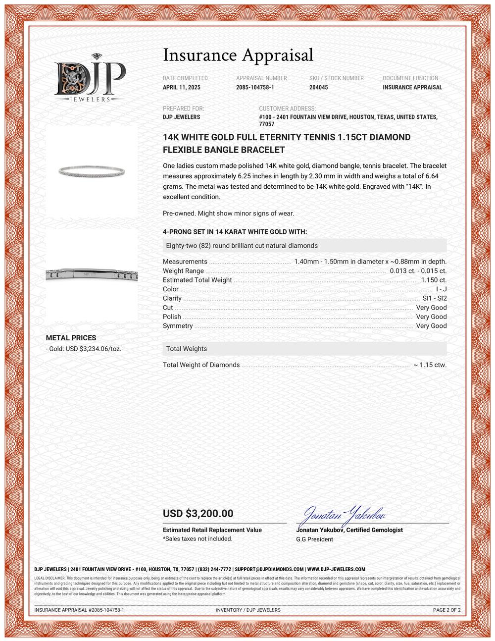 14K White Gold Full Eternity Tennis 1.15ct Diamond Flexible Bangle Bracelet For Sale 1