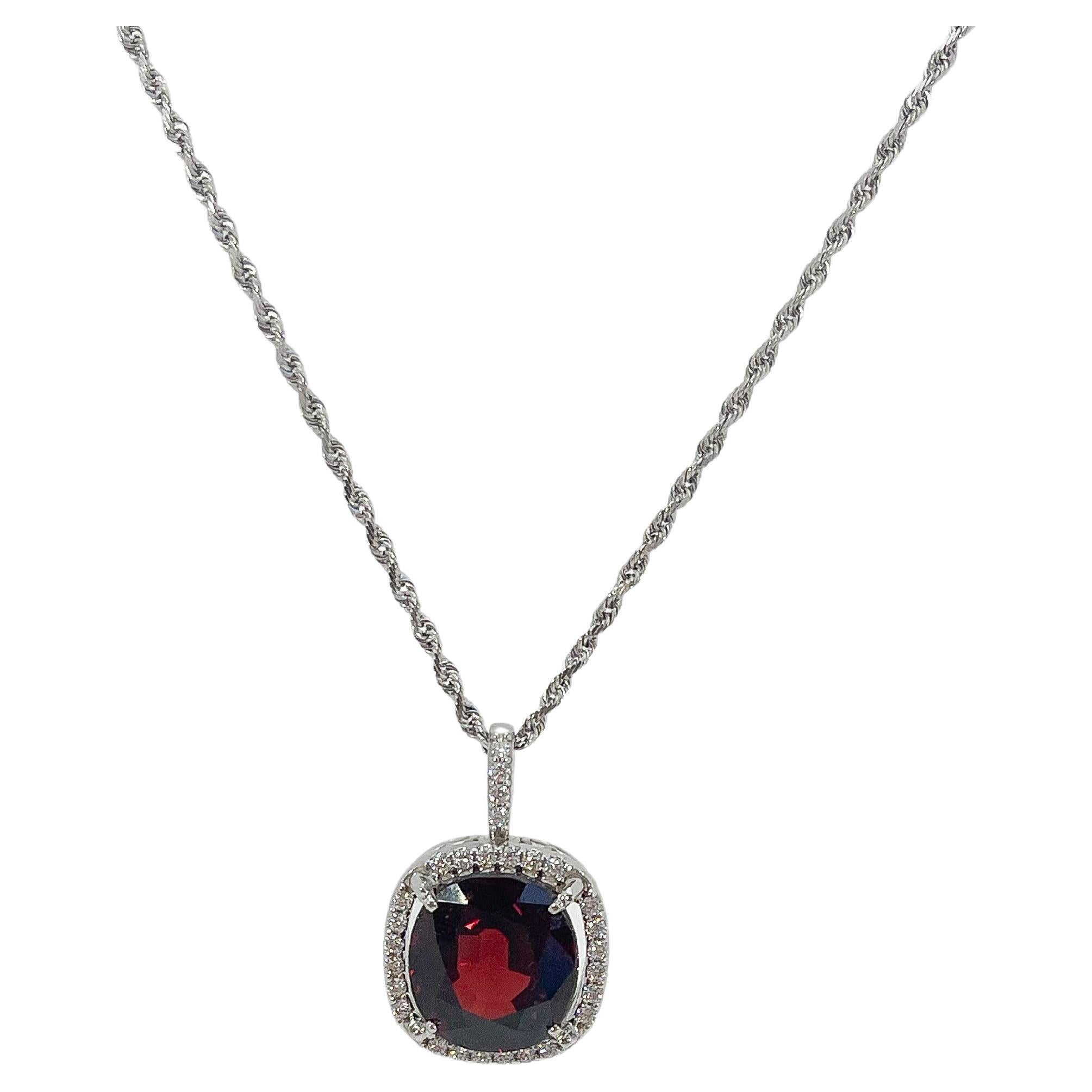 14K White Gold Garnet and .33 CTW Diamond Halo Pendant Necklace For Sale