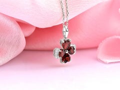 14K White Gold Victorian Garnet Heart Clover Pendant with Diamonds