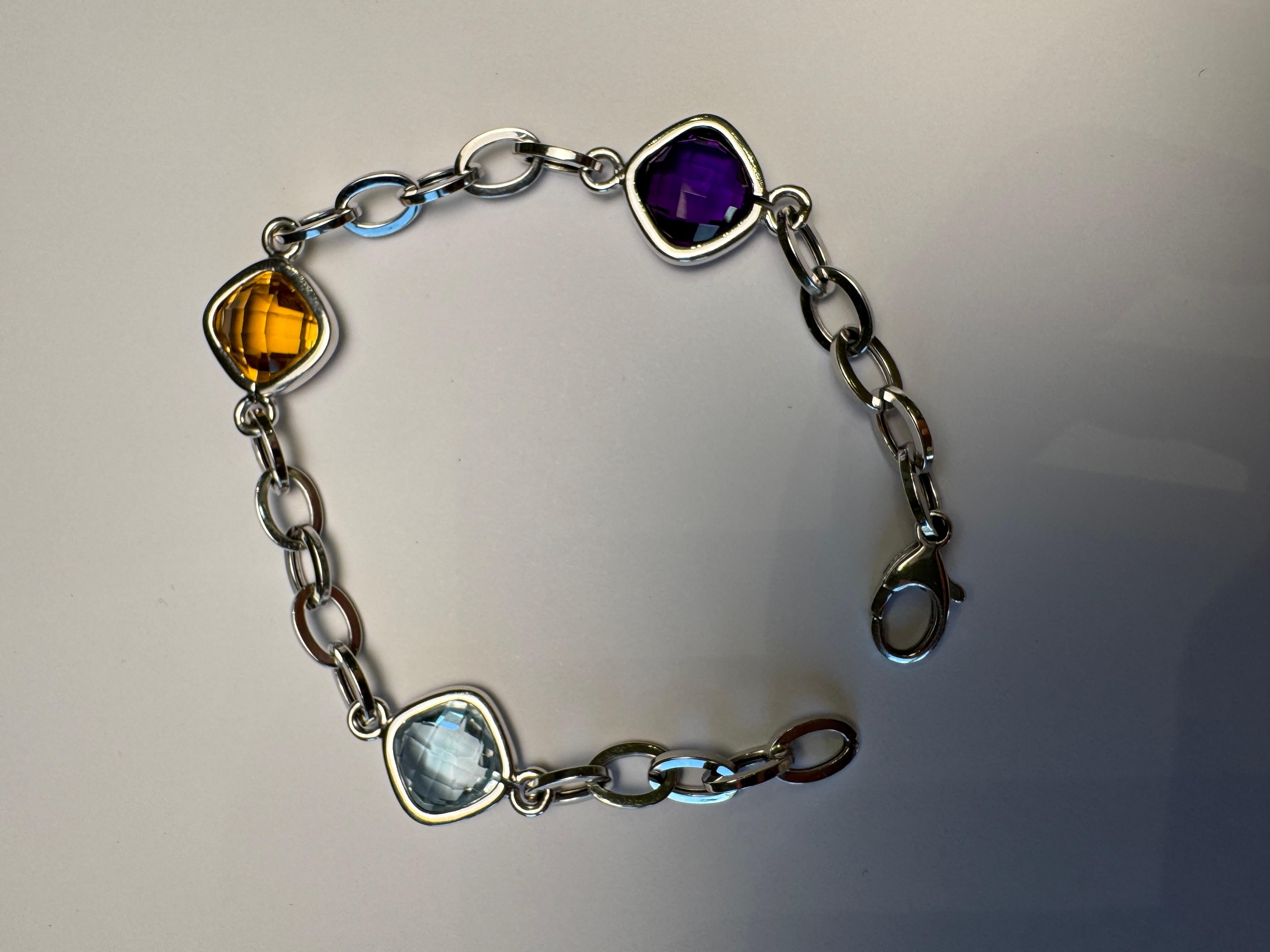 Taille coussin Bracelet de pierres précieuses en or blanc 14k Améthyste Citrine Topaze 7.5