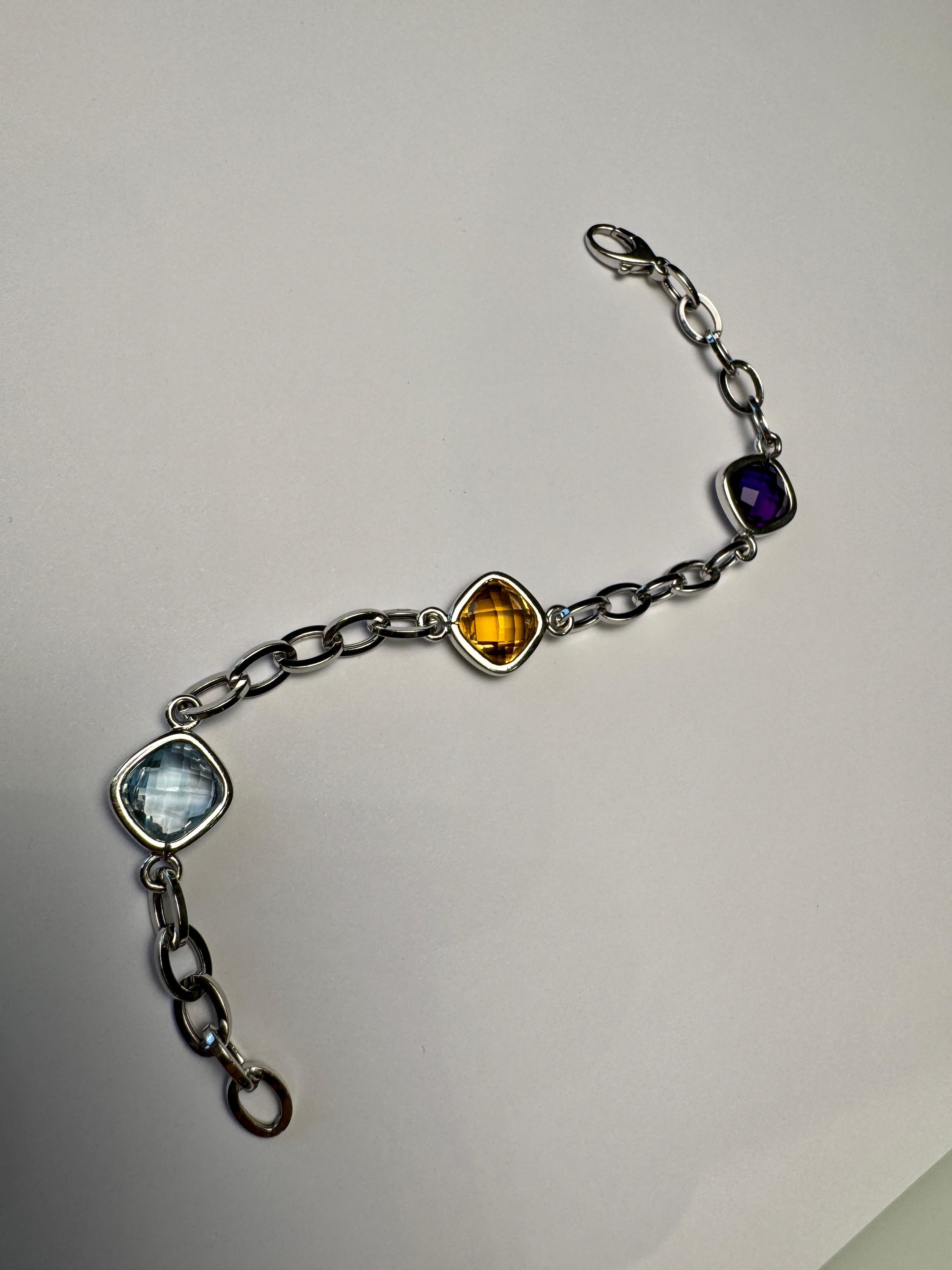 Bracelet de pierres précieuses en or blanc 14k Améthyste Citrine Topaze 7.5