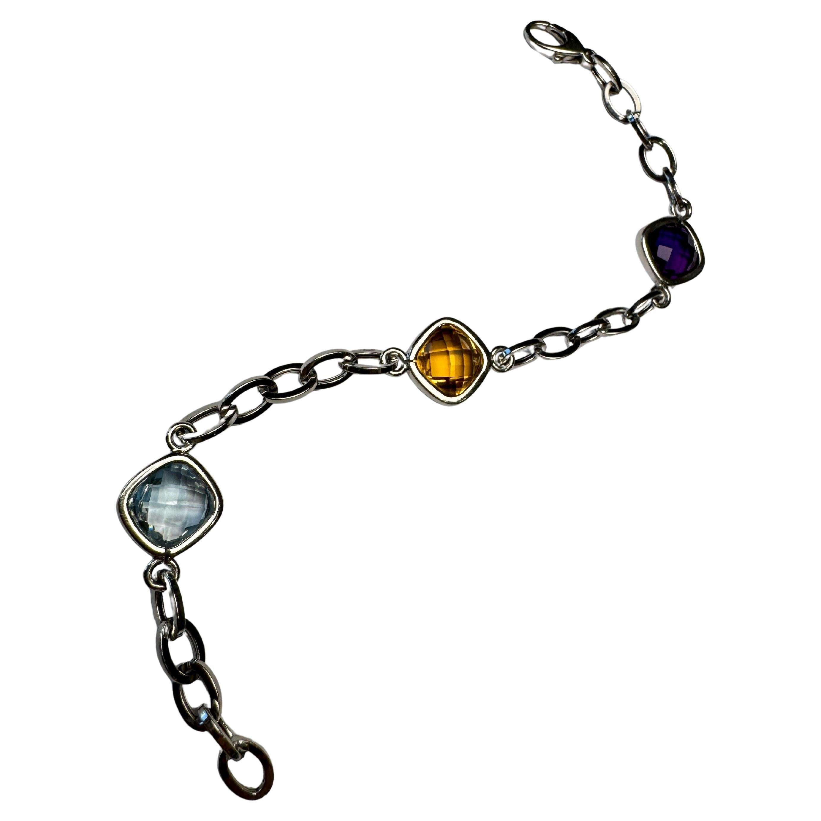 Bracelet de pierres précieuses en or blanc 14k Améthyste Citrine Topaze 7.5" Modern Station en vente