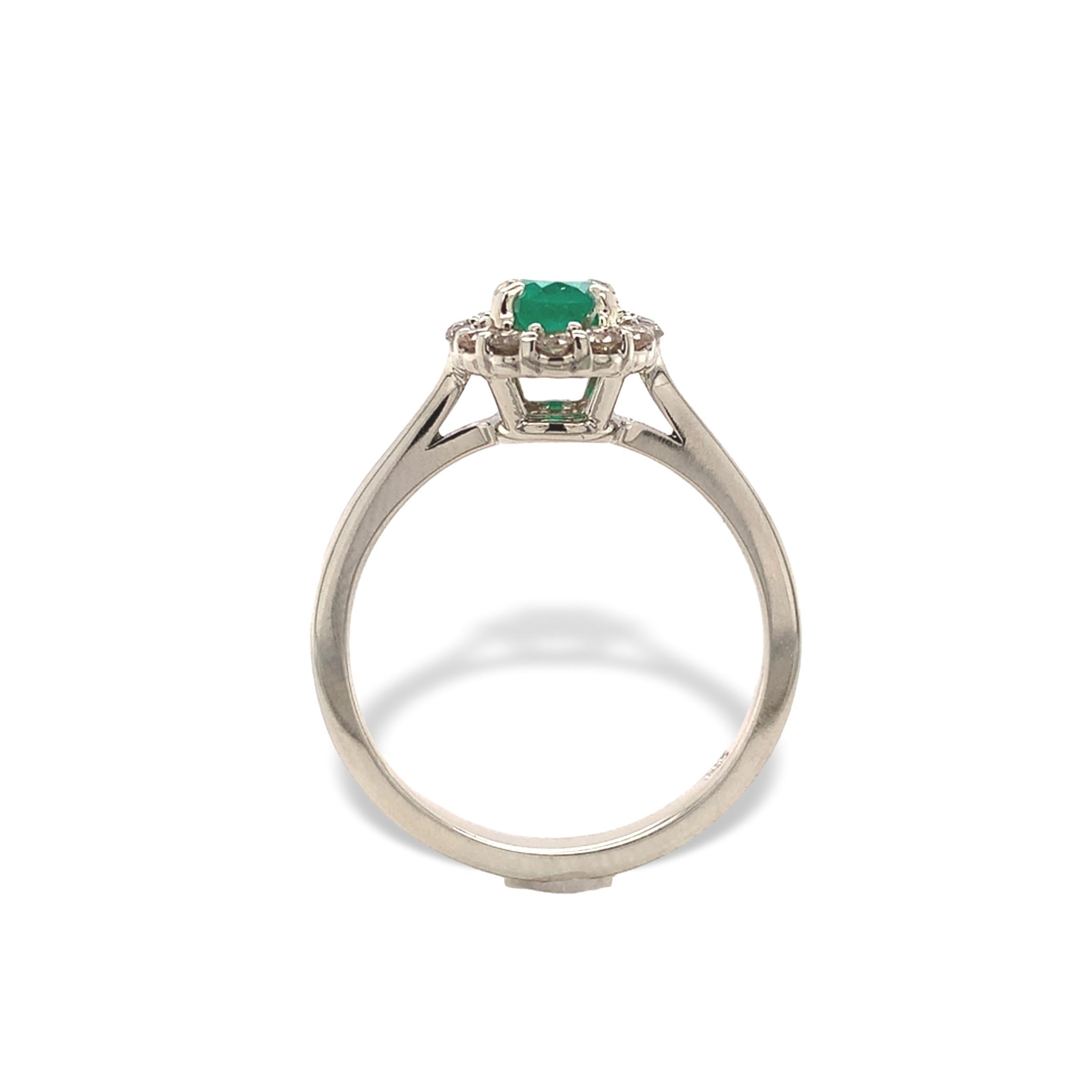 Ring aus 14 Karat Weißgold mit echtem Smaragd und Diamanten aus Erdminen. Der echte, auf der Erde abgebaute Smaragd hat einen ovalen Schliff, misst etwa 6,1 mm x 4,7 mm und wiegt 0,59cts. Der Smaragd hat eine mittlere grasgrüne Farbe. Es gibt 14