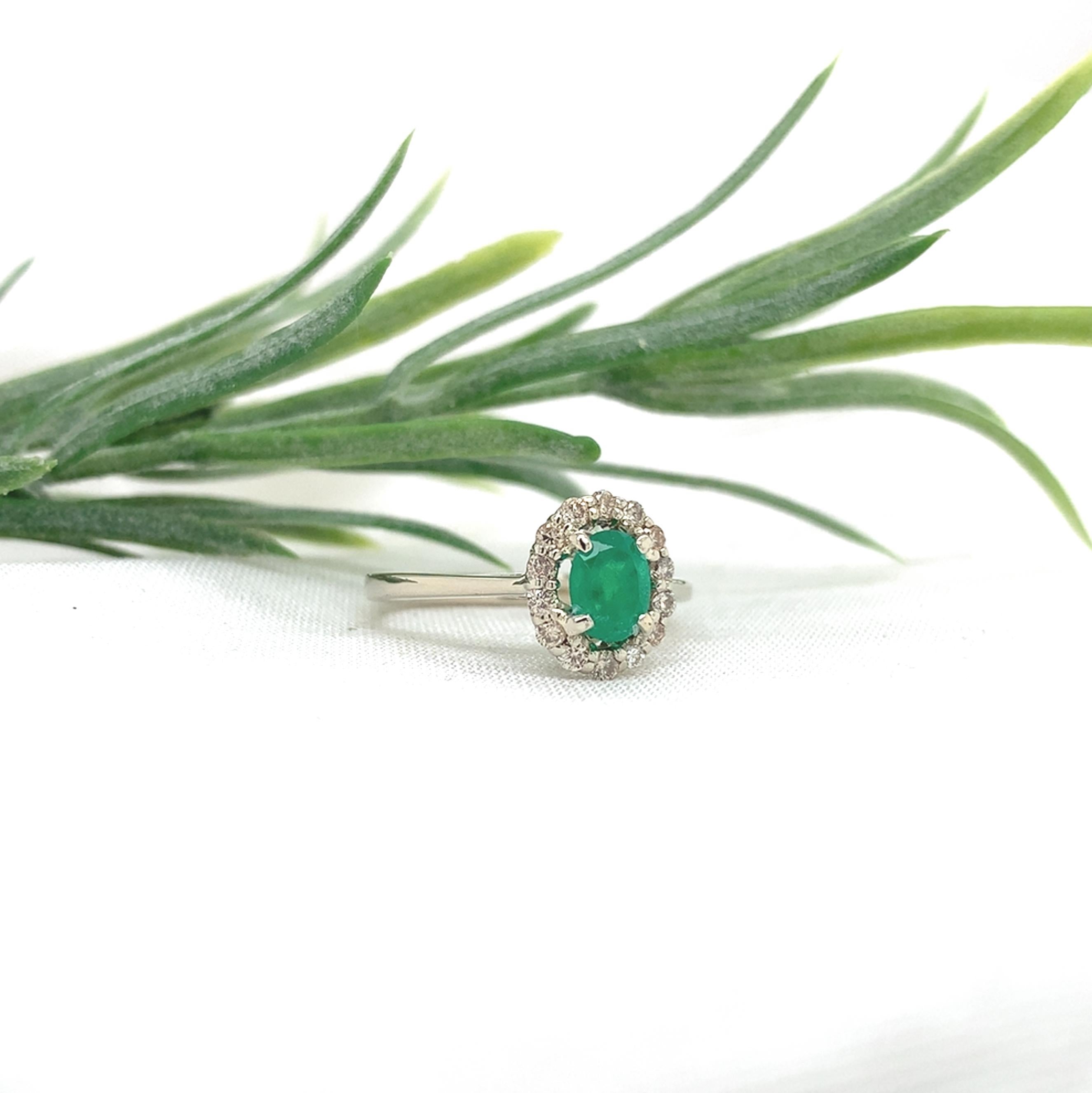14K Weißgold Echte .59ct Smaragd und Diamant Halo Ring Größe 6,5 im Angebot 2